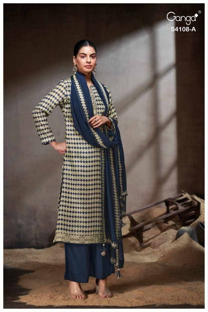 Rivana-4108 By Ganga Fashion 4108-A To 4108-C Series Beautiful Festive Suits Stylish Colorful Fancy Casual Wear & Ethnic Wear Pure Bemberg Silk Jacquard Print Dresses At Wholesale Price