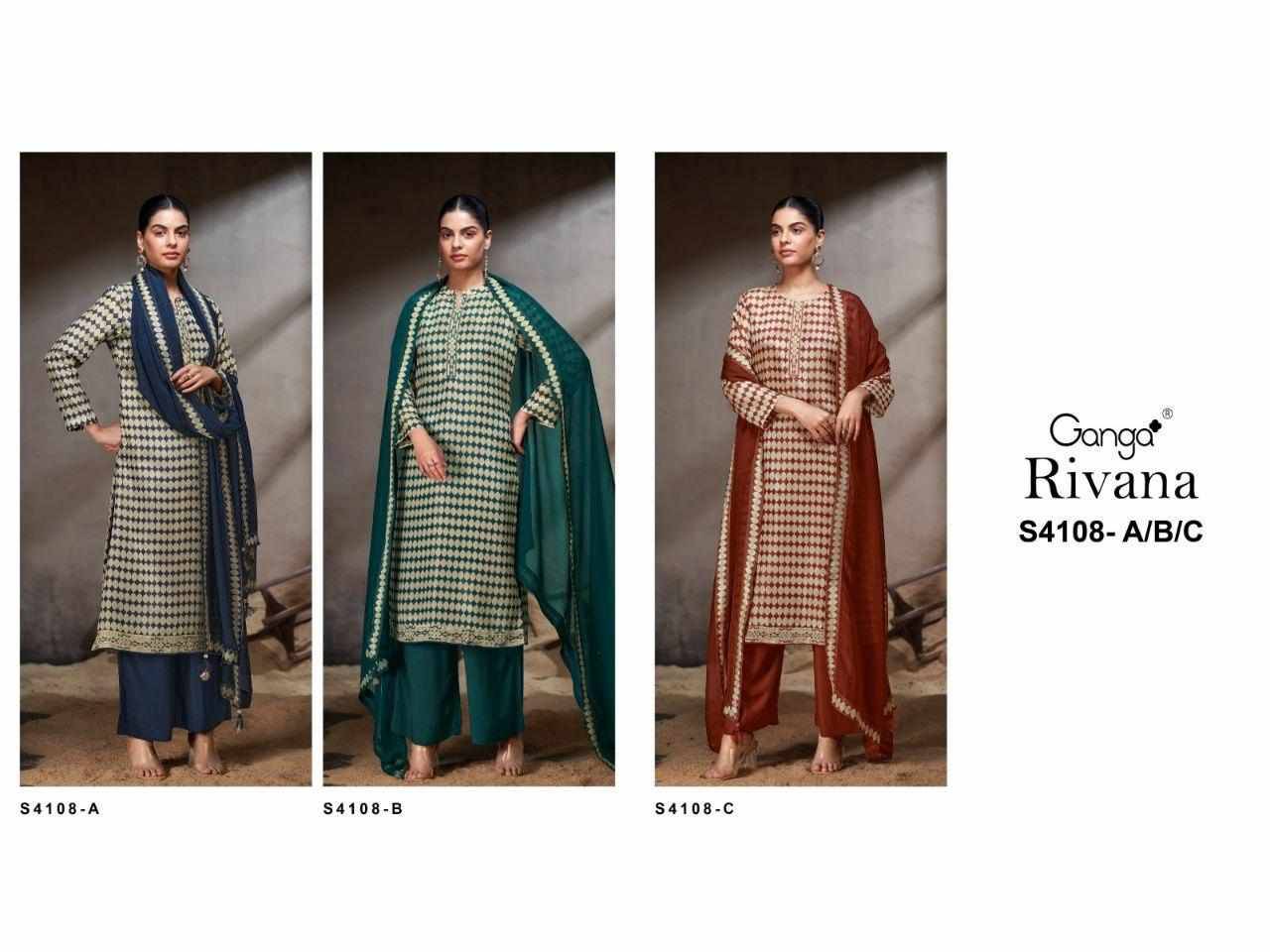 Rivana-4108 By Ganga Fashion 4108-A To 4108-C Series Beautiful Festive Suits Stylish Colorful Fancy Casual Wear & Ethnic Wear Pure Bemberg Silk Jacquard Print Dresses At Wholesale Price