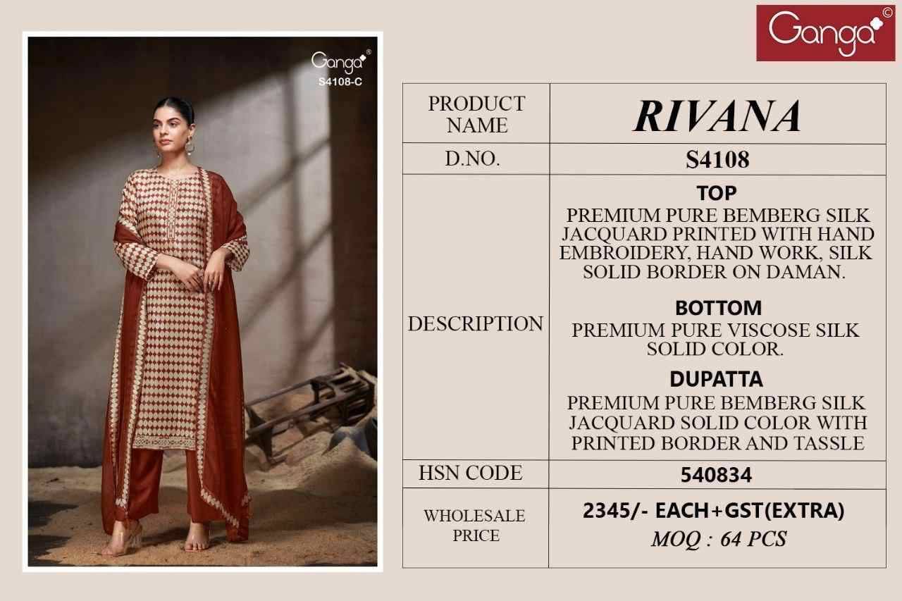Rivana-4108 By Ganga Fashion 4108-A To 4108-C Series Beautiful Festive Suits Stylish Colorful Fancy Casual Wear & Ethnic Wear Pure Bemberg Silk Jacquard Print Dresses At Wholesale Price