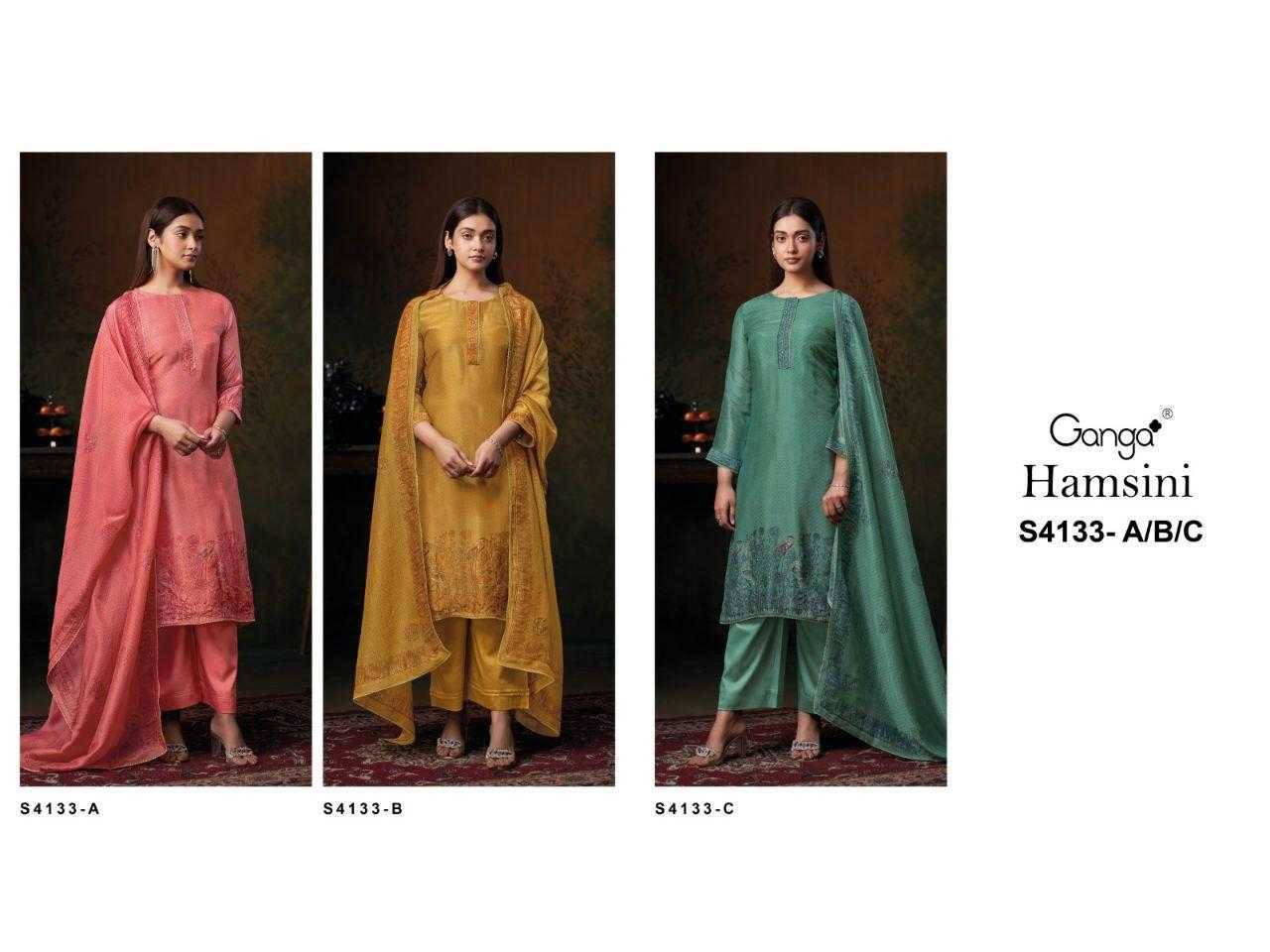 Hamsini-4133 By Ganga Fashion 4133-A To 4133-C Series Beautiful Festive Suits Stylish Colorful Fancy Casual Wear & Ethnic Wear Pure Bemberg Silk Jacquard Print Dresses At Wholesale Price