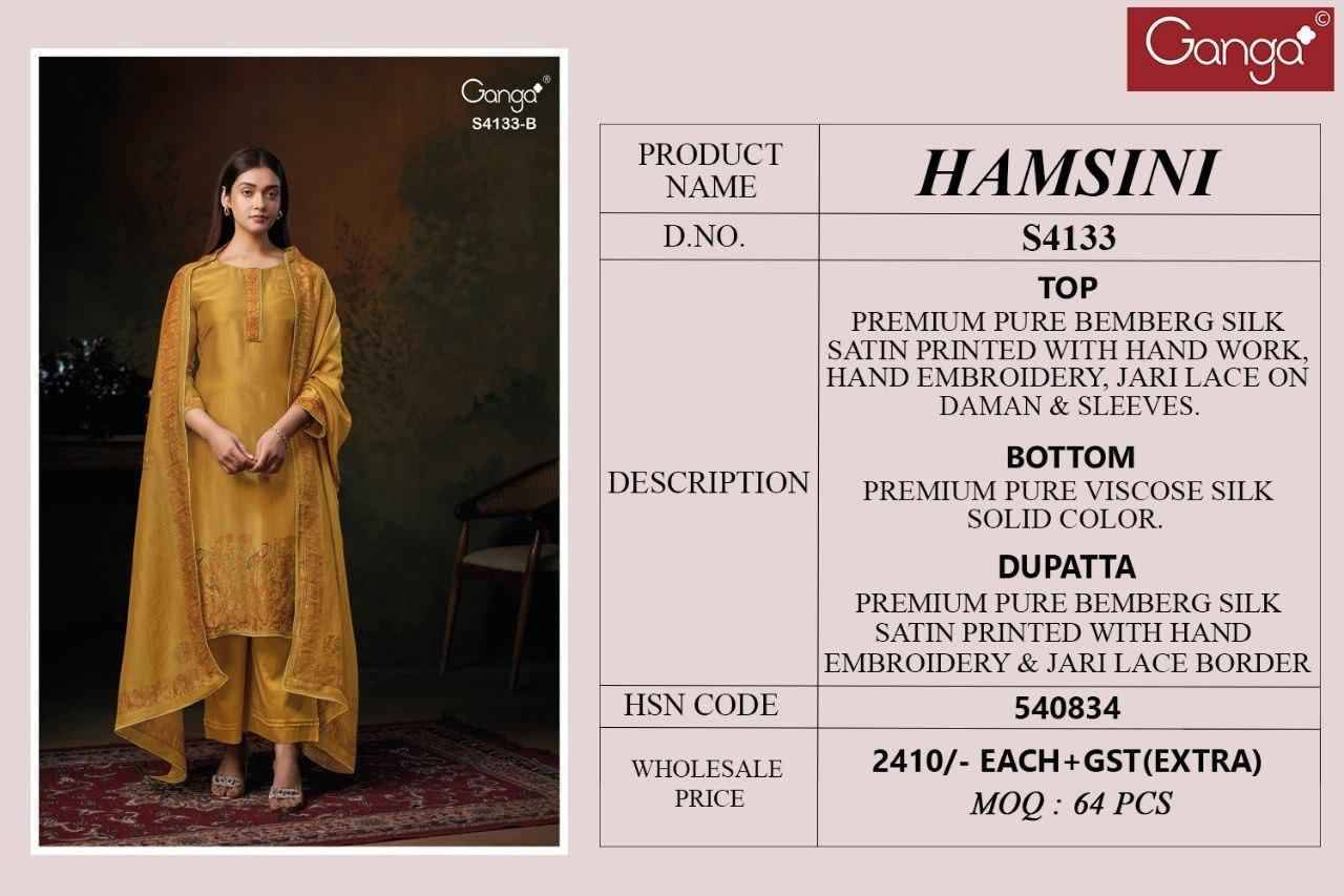 Hamsini-4133 By Ganga Fashion 4133-A To 4133-C Series Beautiful Festive Suits Stylish Colorful Fancy Casual Wear & Ethnic Wear Pure Bemberg Silk Jacquard Print Dresses At Wholesale Price
