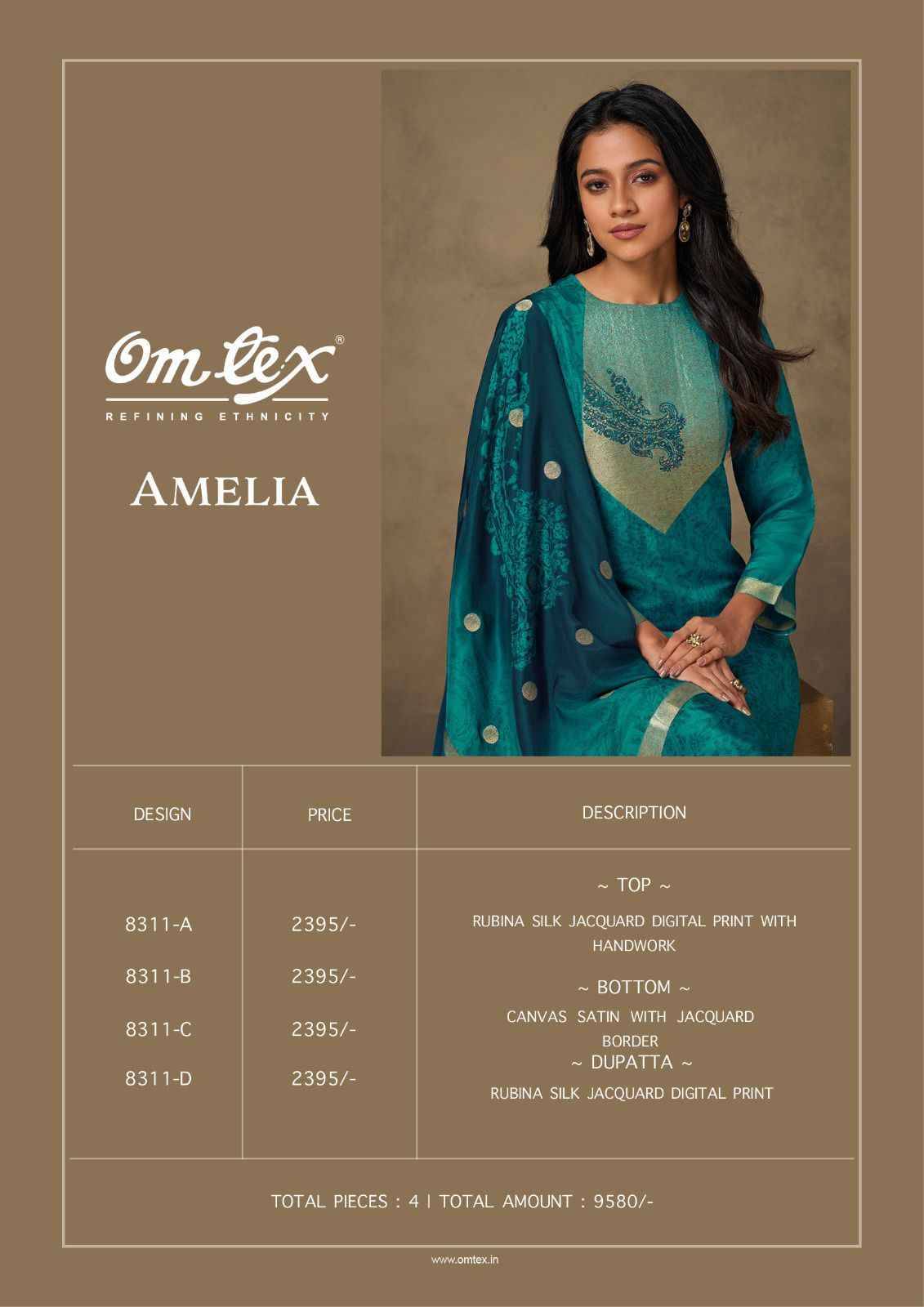 Amelia By Om Tex 8311-A To 8311-D Series Beautiful Festive Suits Colorful Stylish Fancy Casual Wear & Ethnic Wear Pure Silk Jacquard Dresses At Wholesale Price