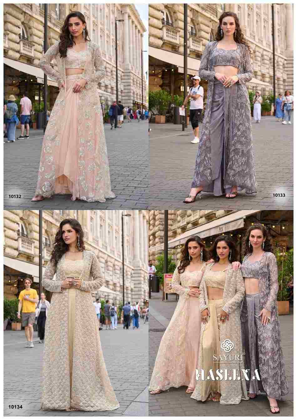 Haseena By Sayuri 10132 To 10134 Series Designer Stylish Fancy Colorful Beautiful Party Wear & Ethnic Wear Collection Crepe Silk Tops With Bottom And Jacket At Wholesale Price