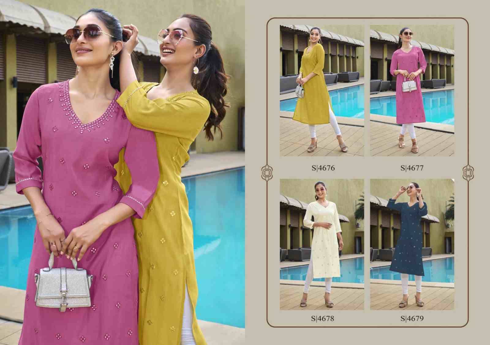Harmony By SBS 4676 To 4679 Series Beautiful Fancy Colorful Stylish Party Wear & Occasional Wear Chanderi With Work Kurtis At Wholesale Price