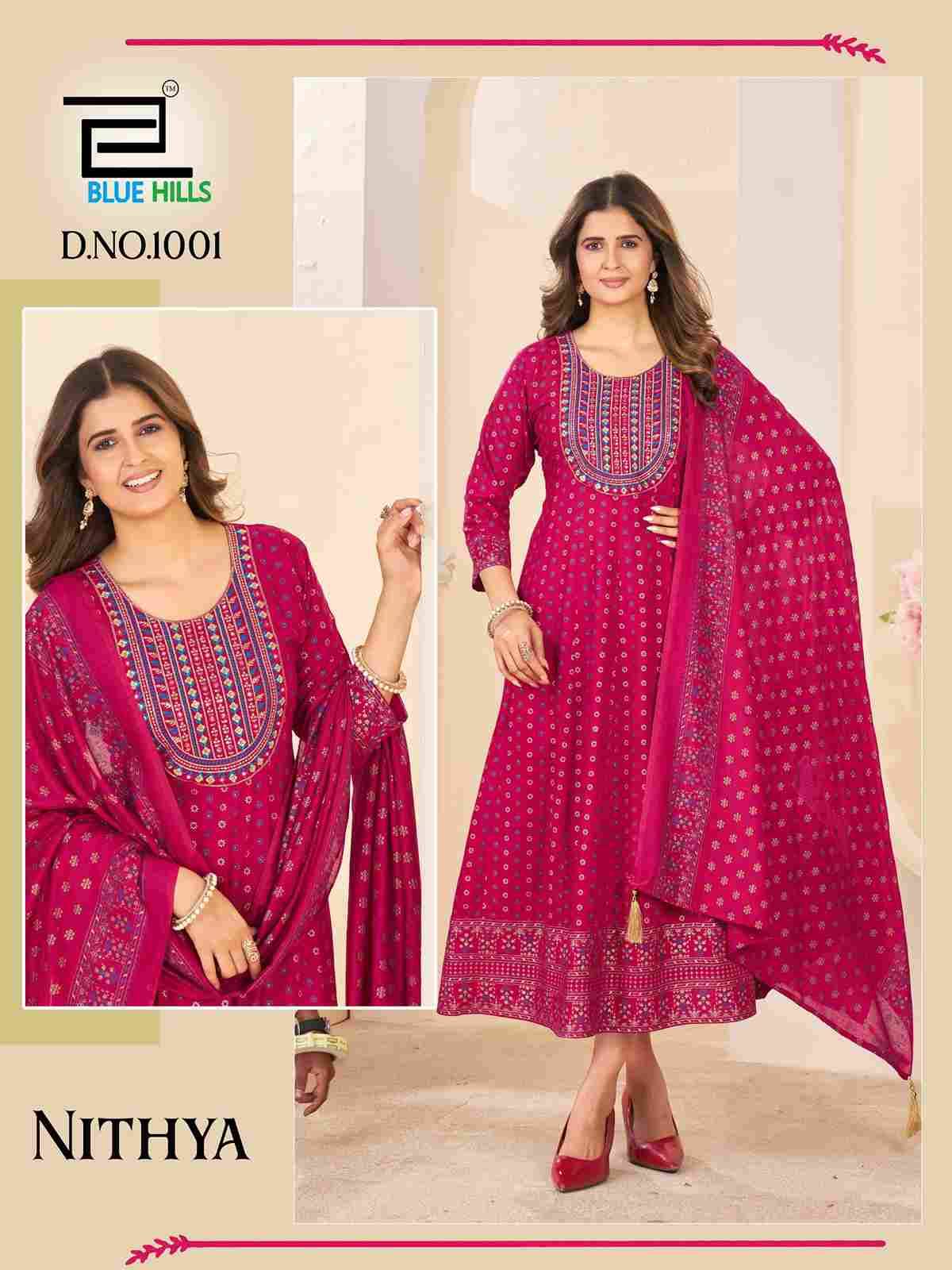 Nithya By Blue Hills 1001 To 1006 Series Designer Stylish Fancy Colorful Beautiful Party Wear & Ethnic Wear Collection Rayon Foil Gowns With Dupatta At Wholesale Price