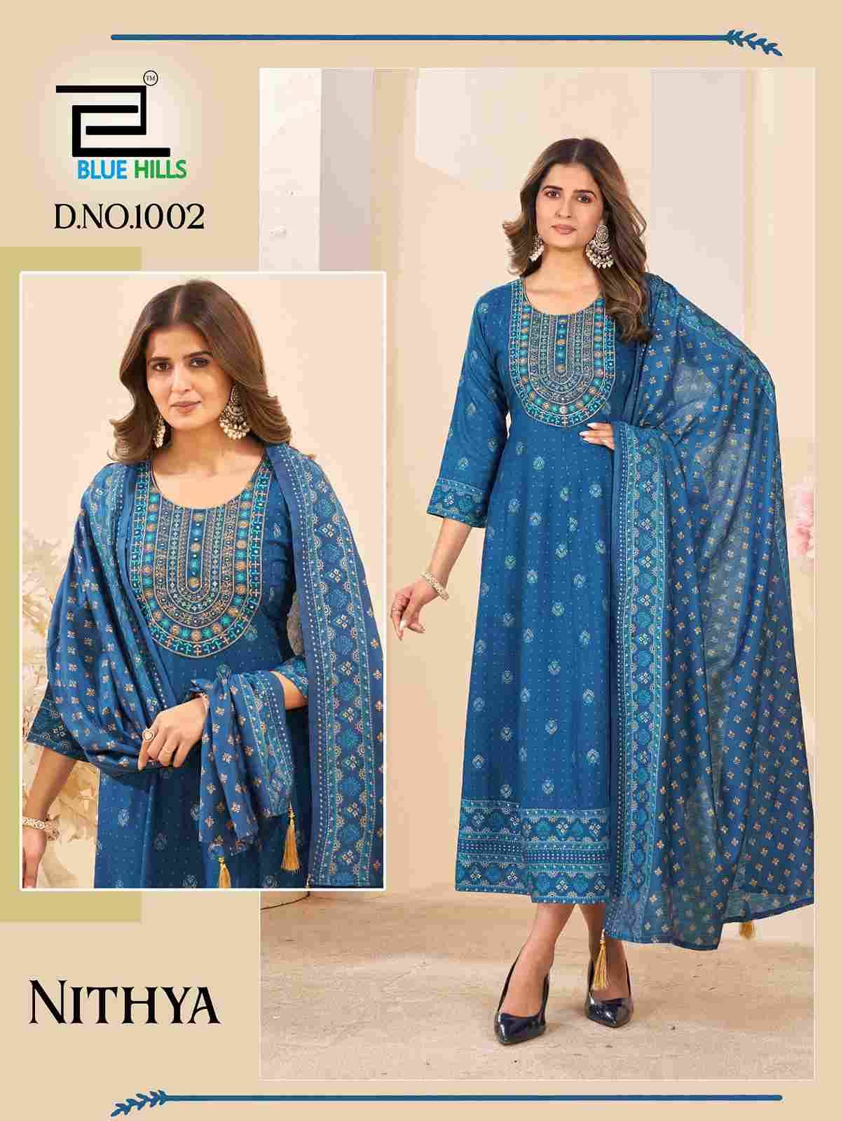 Nithya By Blue Hills 1001 To 1006 Series Designer Stylish Fancy Colorful Beautiful Party Wear & Ethnic Wear Collection Rayon Foil Gowns With Dupatta At Wholesale Price