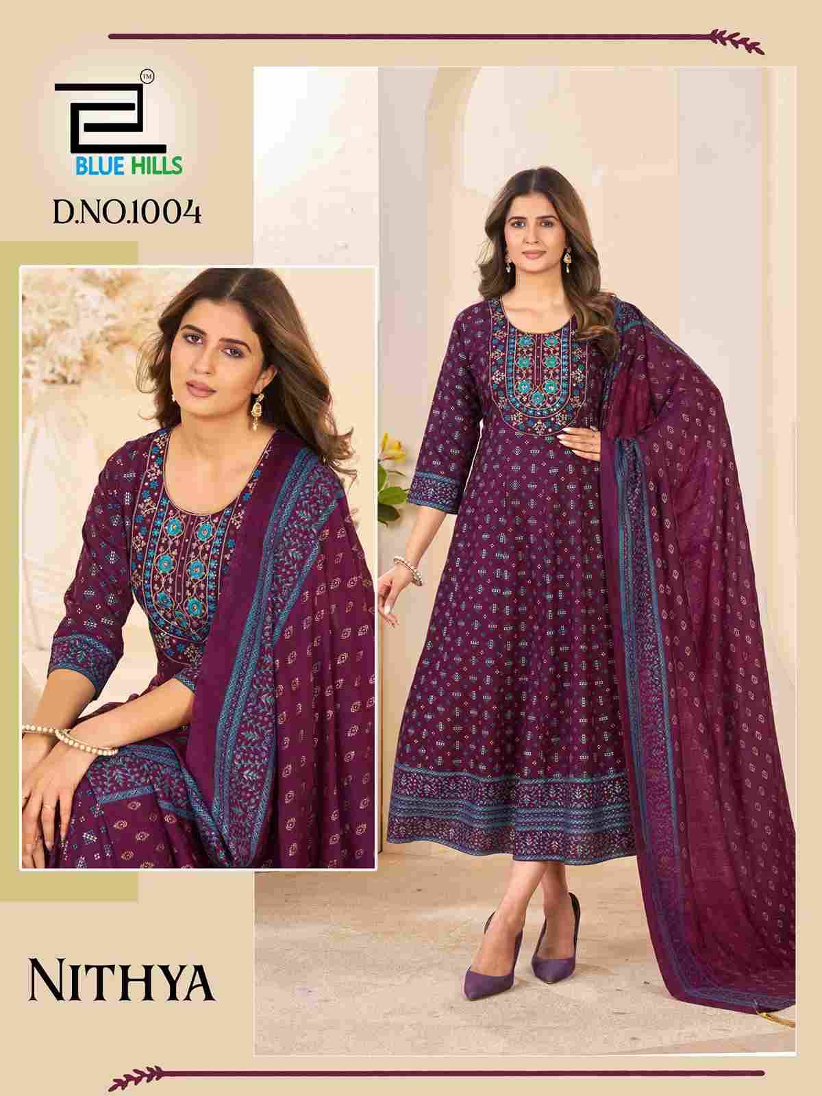 Nithya By Blue Hills 1001 To 1006 Series Designer Stylish Fancy Colorful Beautiful Party Wear & Ethnic Wear Collection Rayon Foil Gowns With Dupatta At Wholesale Price