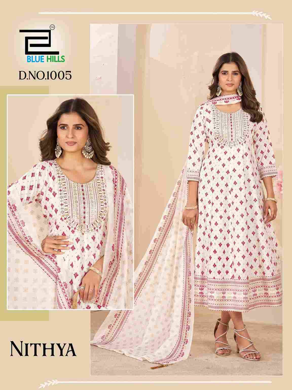 Nithya By Blue Hills 1001 To 1006 Series Designer Stylish Fancy Colorful Beautiful Party Wear & Ethnic Wear Collection Rayon Foil Gowns With Dupatta At Wholesale Price