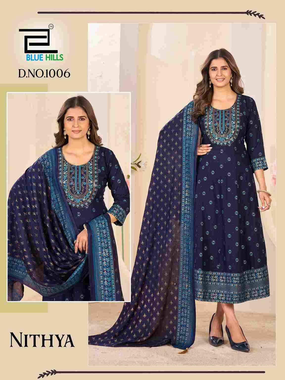 Nithya By Blue Hills 1001 To 1006 Series Designer Stylish Fancy Colorful Beautiful Party Wear & Ethnic Wear Collection Rayon Foil Gowns With Dupatta At Wholesale Price