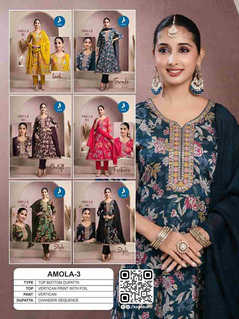 Amola Vol-3 By Kaya 01 To 06 Series Beautiful Stylish Festive Suits Fancy Colorful Casual Wear & Ethnic Wear & Ready To Wear Vartican Dresses At Wholesale Price