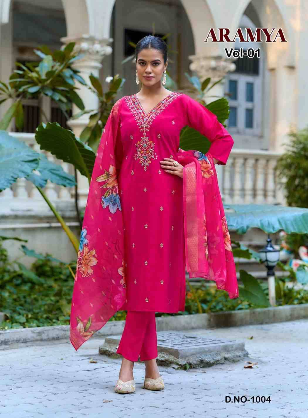 Aramya Vol-1 By Diya Trends 1001 To 1008 Series Designer Festive Suits Collection Beautiful Stylish Fancy Colorful Party Wear & Occasional Wear Roman Silk Dresses At Wholesale Price