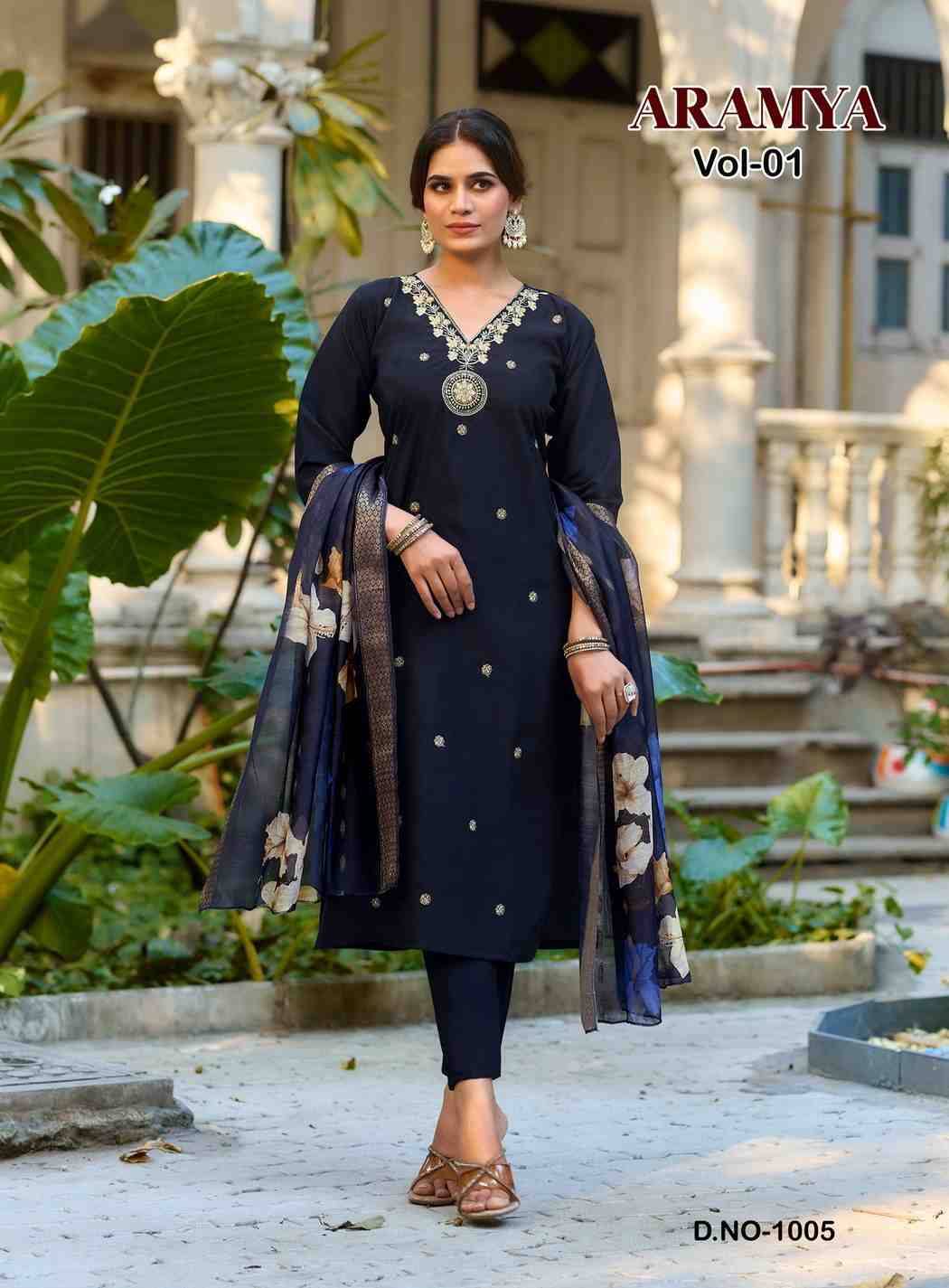 Aramya Vol-1 By Diya Trends 1001 To 1008 Series Designer Festive Suits Collection Beautiful Stylish Fancy Colorful Party Wear & Occasional Wear Roman Silk Dresses At Wholesale Price