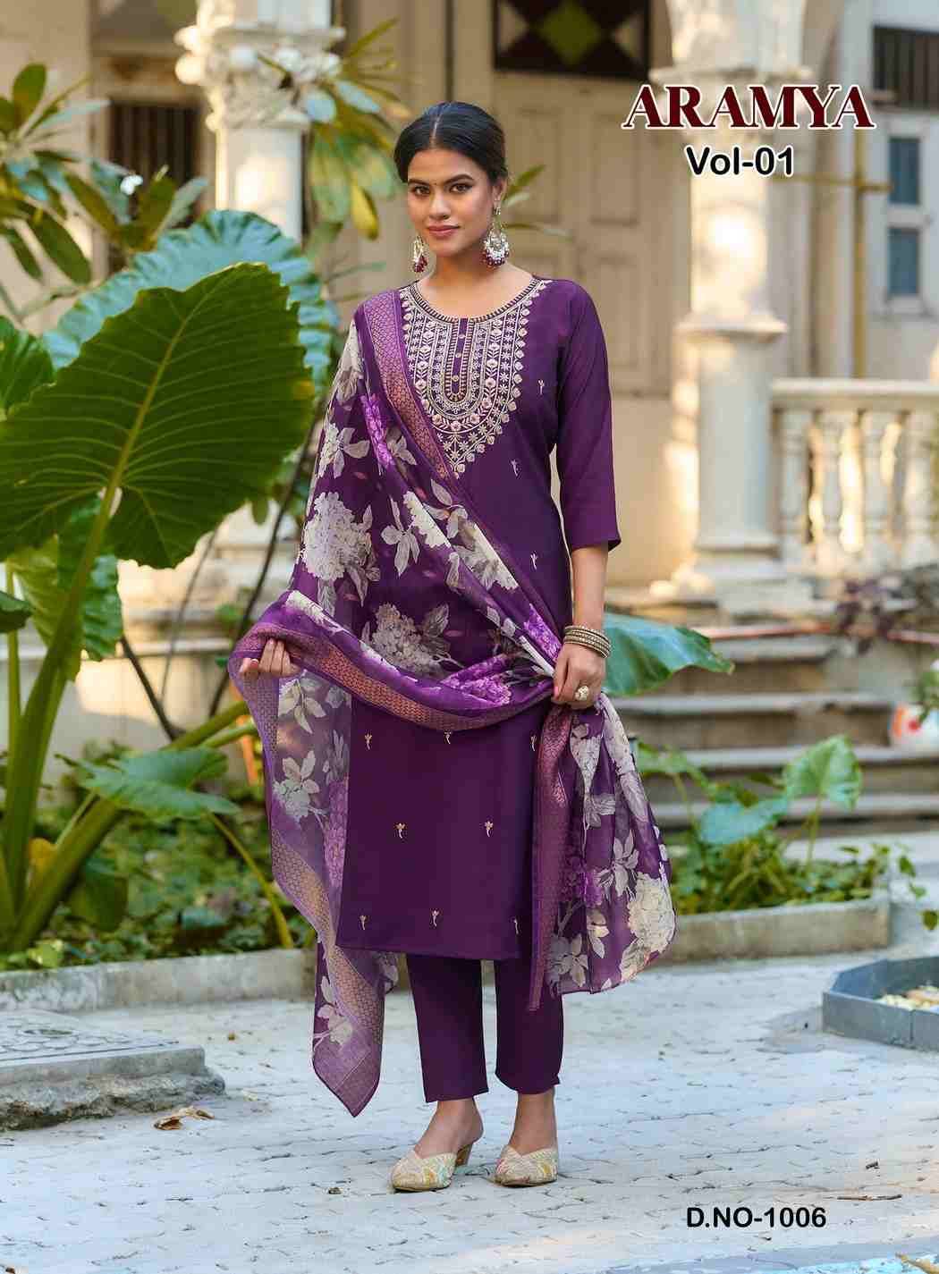 Aramya Vol-1 By Diya Trends 1001 To 1008 Series Designer Festive Suits Collection Beautiful Stylish Fancy Colorful Party Wear & Occasional Wear Roman Silk Dresses At Wholesale Price