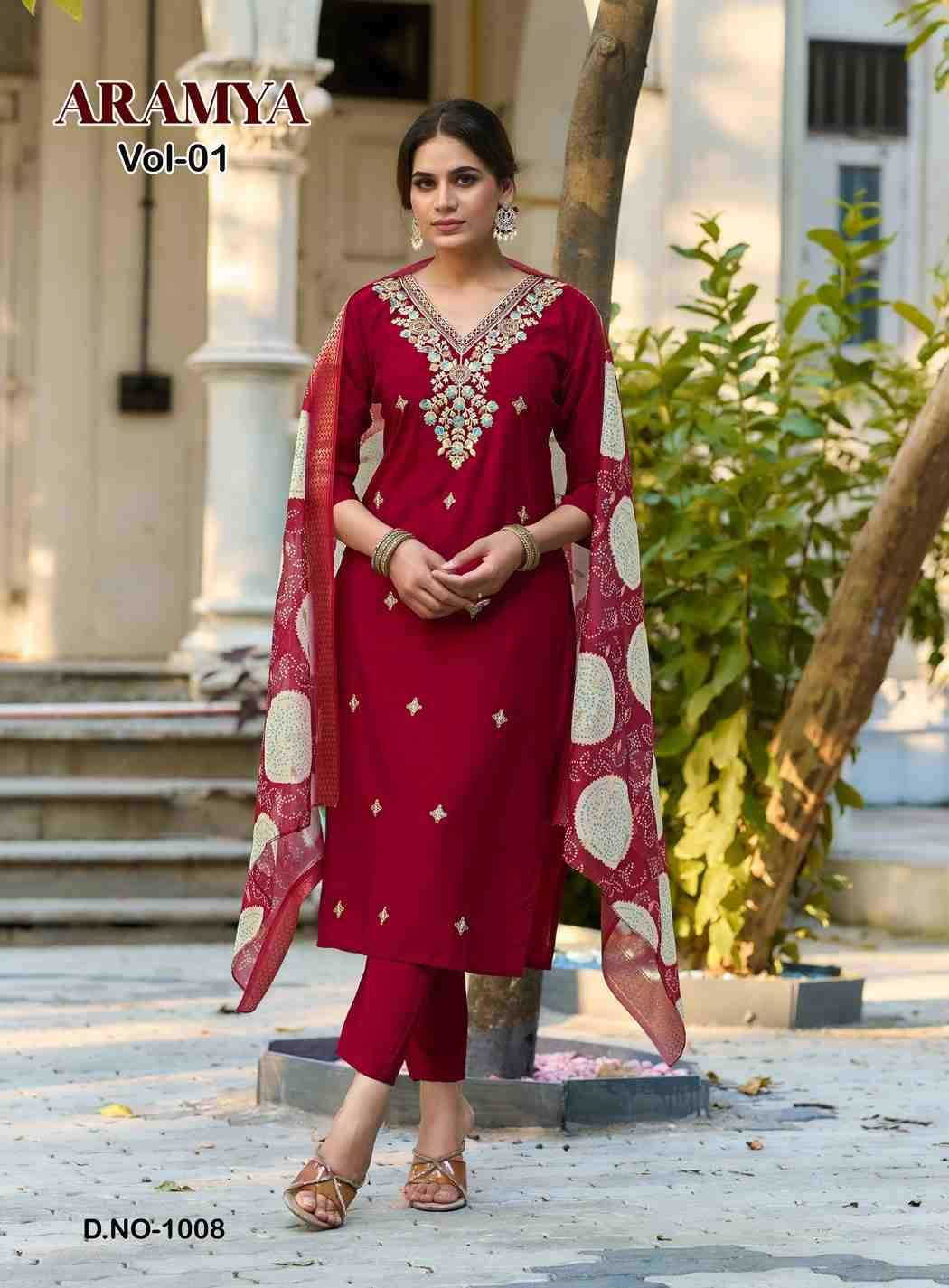 Aramya Vol-1 By Diya Trends 1001 To 1008 Series Designer Festive Suits Collection Beautiful Stylish Fancy Colorful Party Wear & Occasional Wear Roman Silk Dresses At Wholesale Price