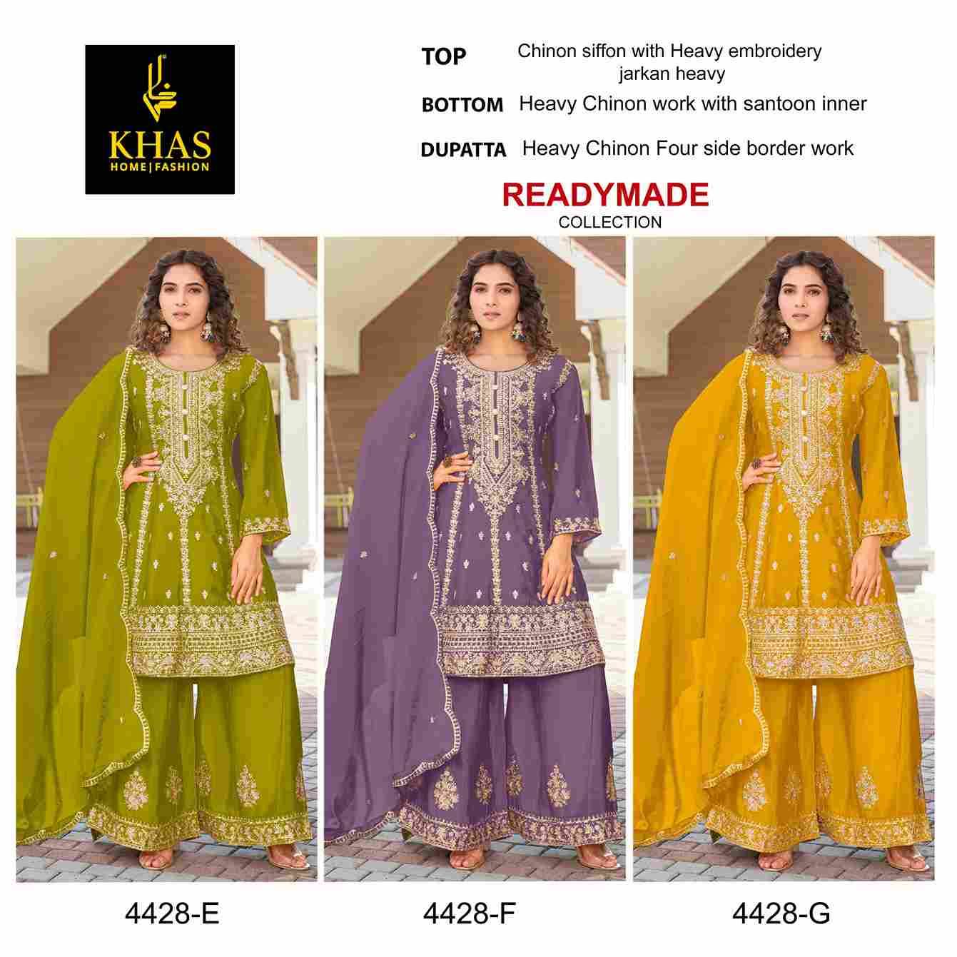 Khas 4428 Colours Vol-2 By Khas 4428-E To 4428-G Series Beautiful Pakistani Suits Colorful Stylish Fancy Casual Wear & Ethnic Wear Chinnon Chiffon Embroidered Dresses At Wholesale Price