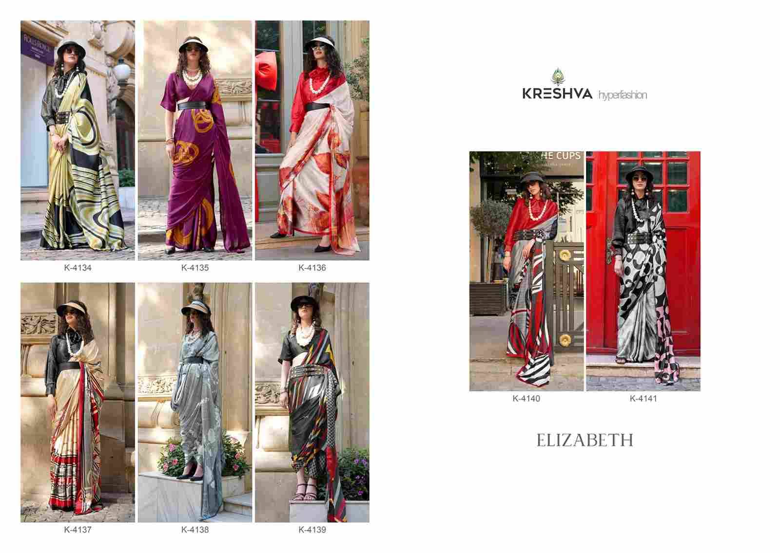 Elizabeth By Kreshva 4134 To 4141 Series Indian Traditional Wear Collection Beautiful Stylish Fancy Colorful Party Wear & Occasional Wear Satin Sarees At Wholesale Price