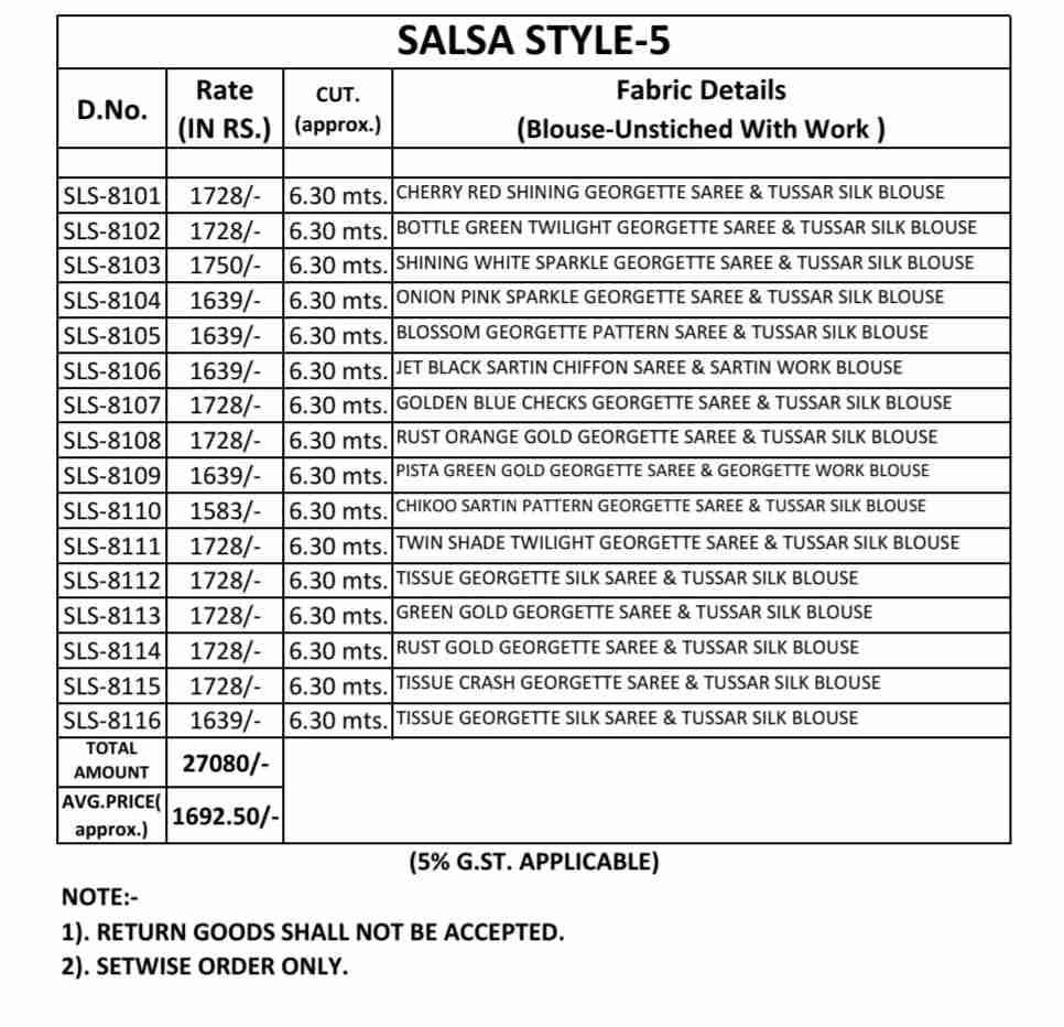 Salsa Style Vol-5 By TFH 8101 To 8116 Series Indian Traditional Wear Collection Beautiful Stylish Fancy Colorful Party Wear & Occasional Wear Georgette/Satin Sarees At Wholesale Price