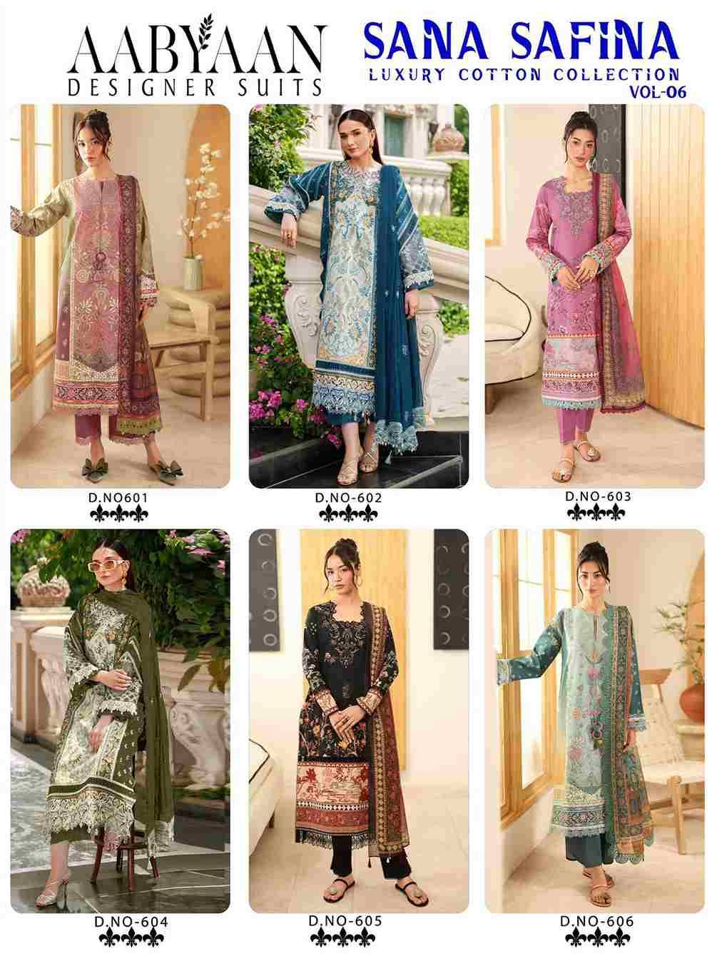 Sana Safina Vol-6 By Aabyaan 601 To 606 Series Beautiful Stylish Festive Suits Fancy Colorful Casual Wear & Ethnic Wear & Ready To Wear Pure Cotton Dresses At Wholesale Price