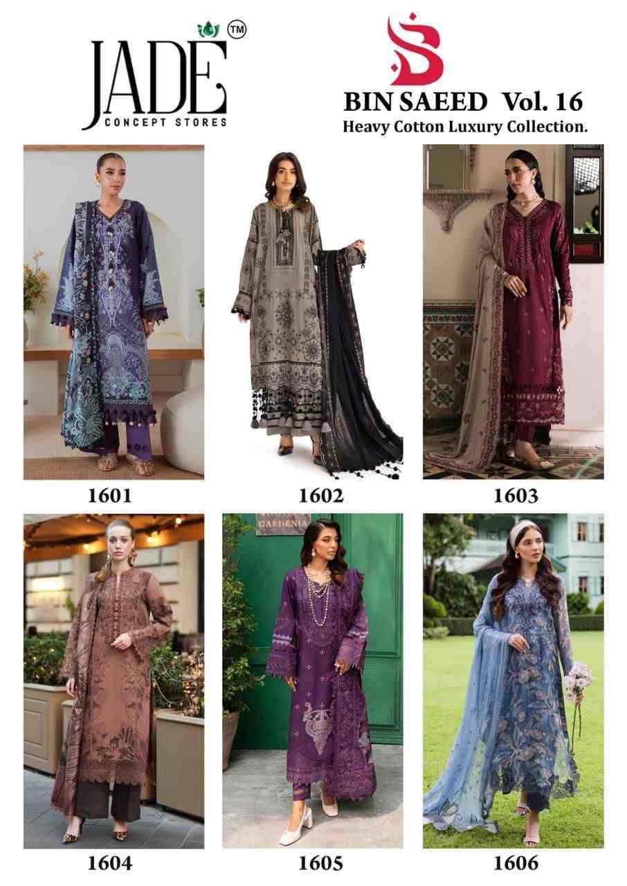 Bin Saeed Vol-16 By Jade 1601 To 1606 Series Beautiful Festive Suits Stylish Fancy Colorful Casual Wear & Ethnic Wear Pure Lawn Cotton Print Dresses At Wholesale Price