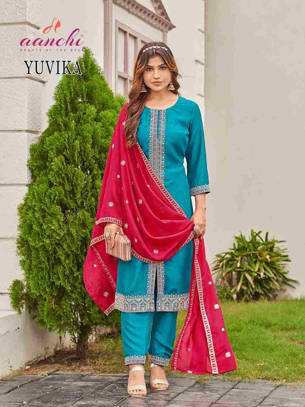 Yuvika By Aanchi 01 To 03 Series Beautiful Stylish Festive Suits Fancy Colorful Casual Wear & Ethnic Wear & Ready To Wear Vichitra Silk Print Dresses At Wholesale Price