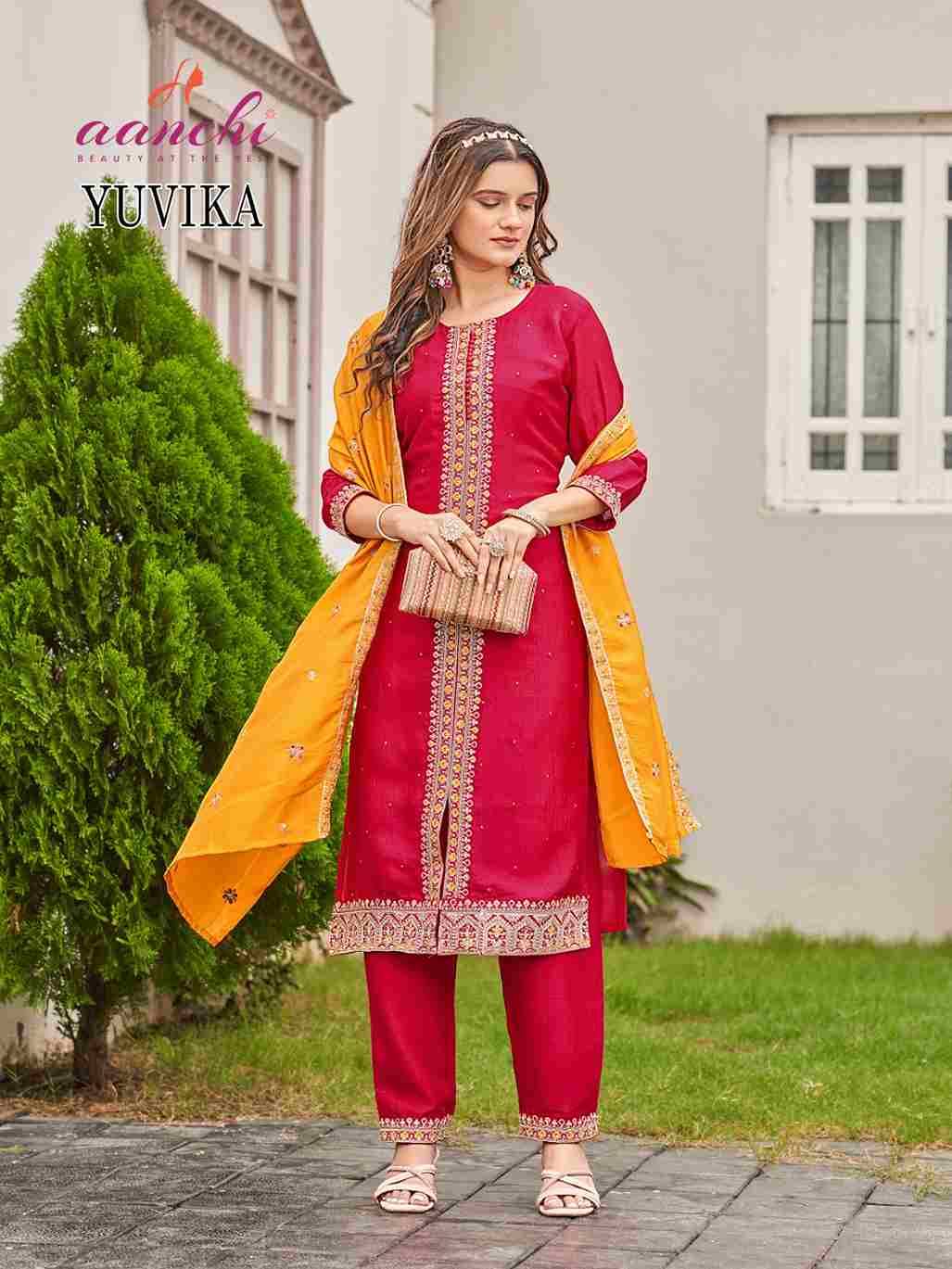 Yuvika By Aanchi 01 To 03 Series Beautiful Stylish Festive Suits Fancy Colorful Casual Wear & Ethnic Wear & Ready To Wear Vichitra Silk Print Dresses At Wholesale Price