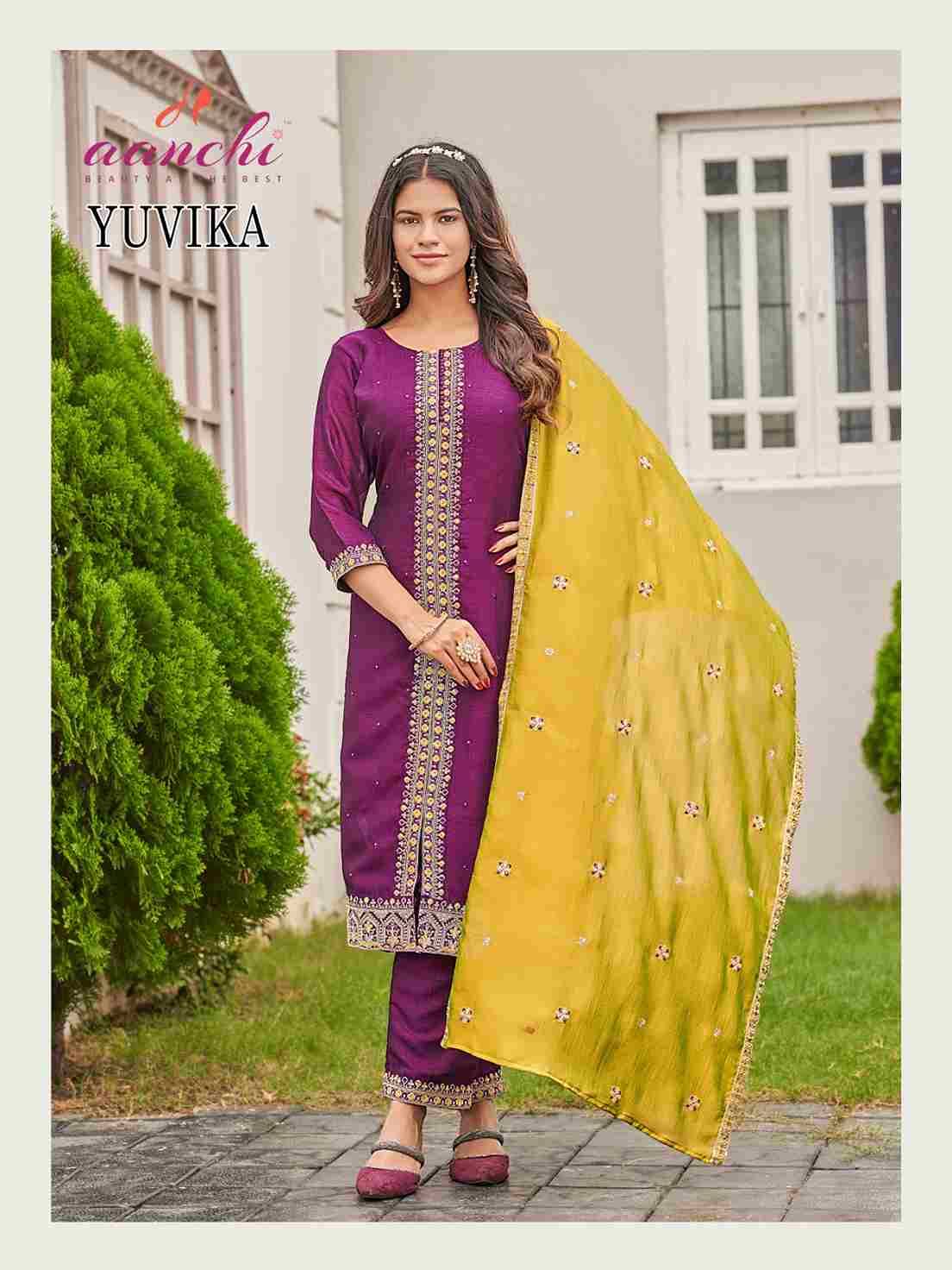 Yuvika By Aanchi 01 To 03 Series Beautiful Stylish Festive Suits Fancy Colorful Casual Wear & Ethnic Wear & Ready To Wear Vichitra Silk Print Dresses At Wholesale Price