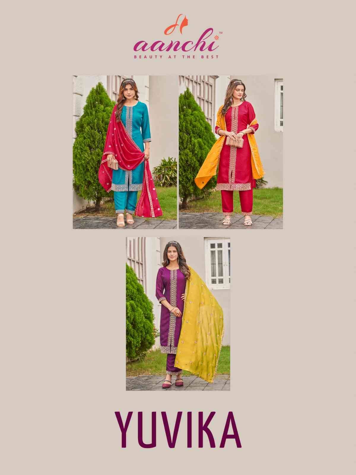 Yuvika By Aanchi 01 To 03 Series Beautiful Stylish Festive Suits Fancy Colorful Casual Wear & Ethnic Wear & Ready To Wear Vichitra Silk Print Dresses At Wholesale Price