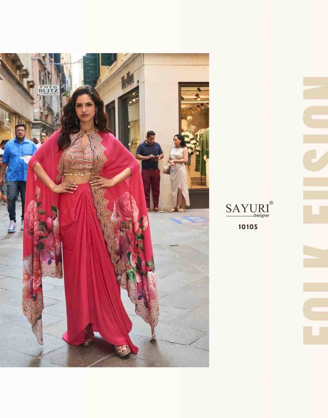 Florance By Sayuri 10105 To 10108 Series Designer Beautiful Festive Collection Occasional Wear & Party Wear Pure Crepe Silk Crop Top With Bottom And Jacket At Wholesale Price