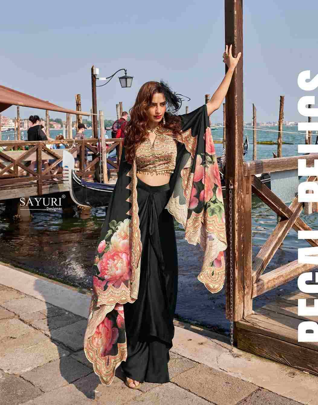 Florance By Sayuri 10105 To 10108 Series Designer Beautiful Festive Collection Occasional Wear & Party Wear Pure Crepe Silk Crop Top With Bottom And Jacket At Wholesale Price