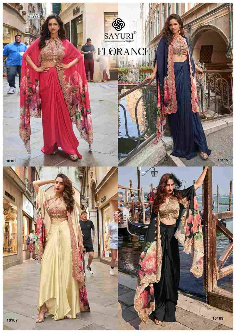 Florance By Sayuri 10105 To 10108 Series Designer Beautiful Festive Collection Occasional Wear & Party Wear Pure Crepe Silk Crop Top With Bottom And Jacket At Wholesale Price