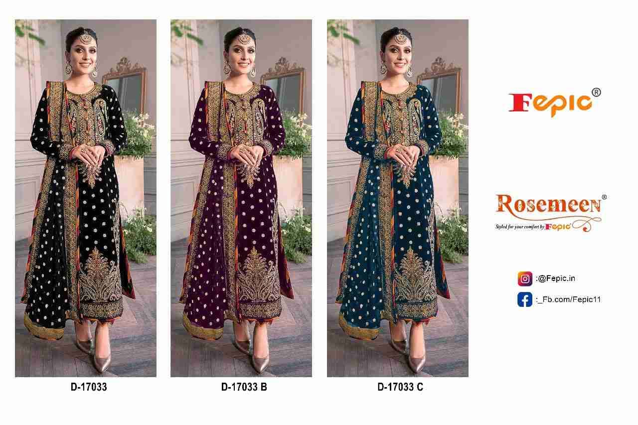 Fepic 17033 Colours By Fepic 17033-A To 17033-C Series Beautiful Pakistani Suits Colorful Stylish Fancy Casual Wear & Ethnic Wear Velvet Embroidered Dresses At Wholesale Price