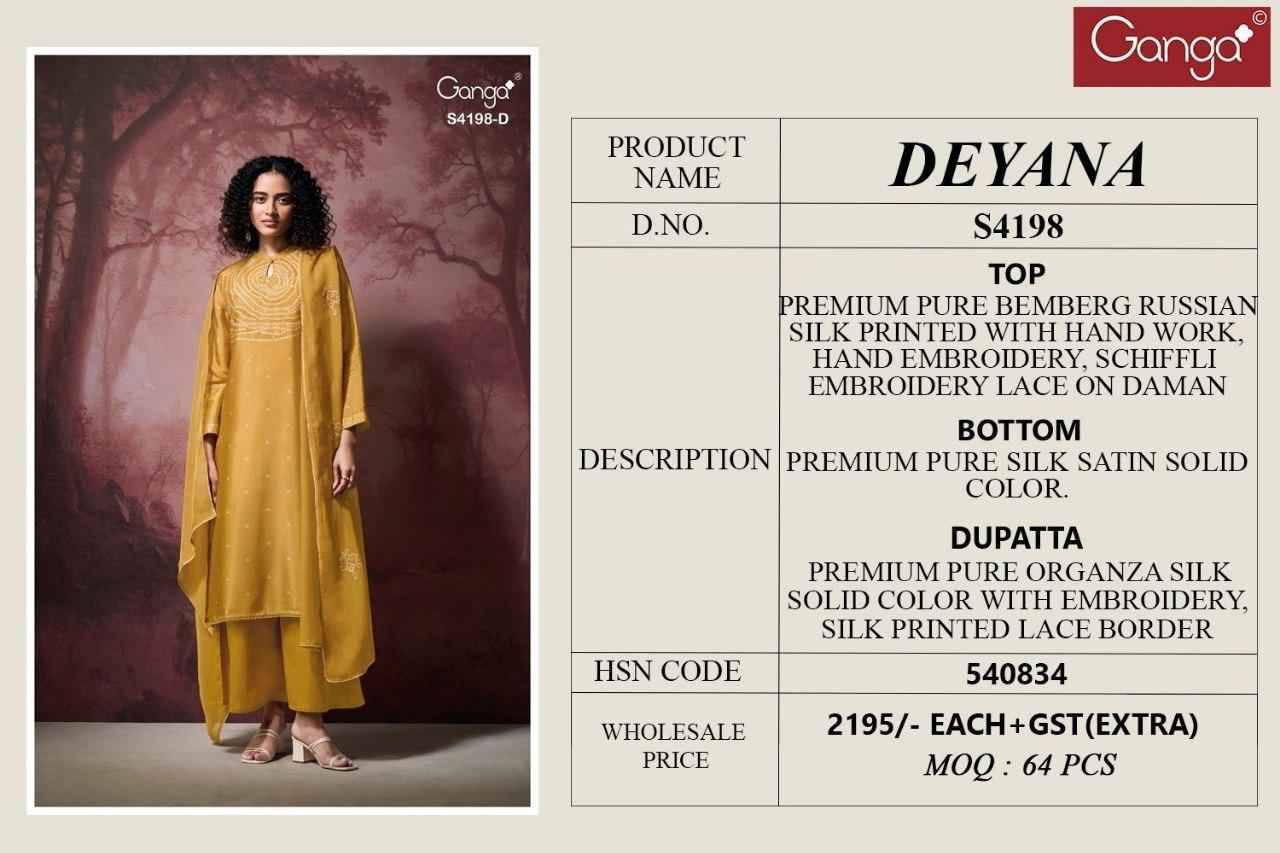 Deyana-4198 By Ganga Fashion 4198-A To 4198-D Series Beautiful Festive Suits Stylish Colorful Fancy Casual Wear & Ethnic Wear Premium Bemberg Silk Print Dresses At Wholesale Price