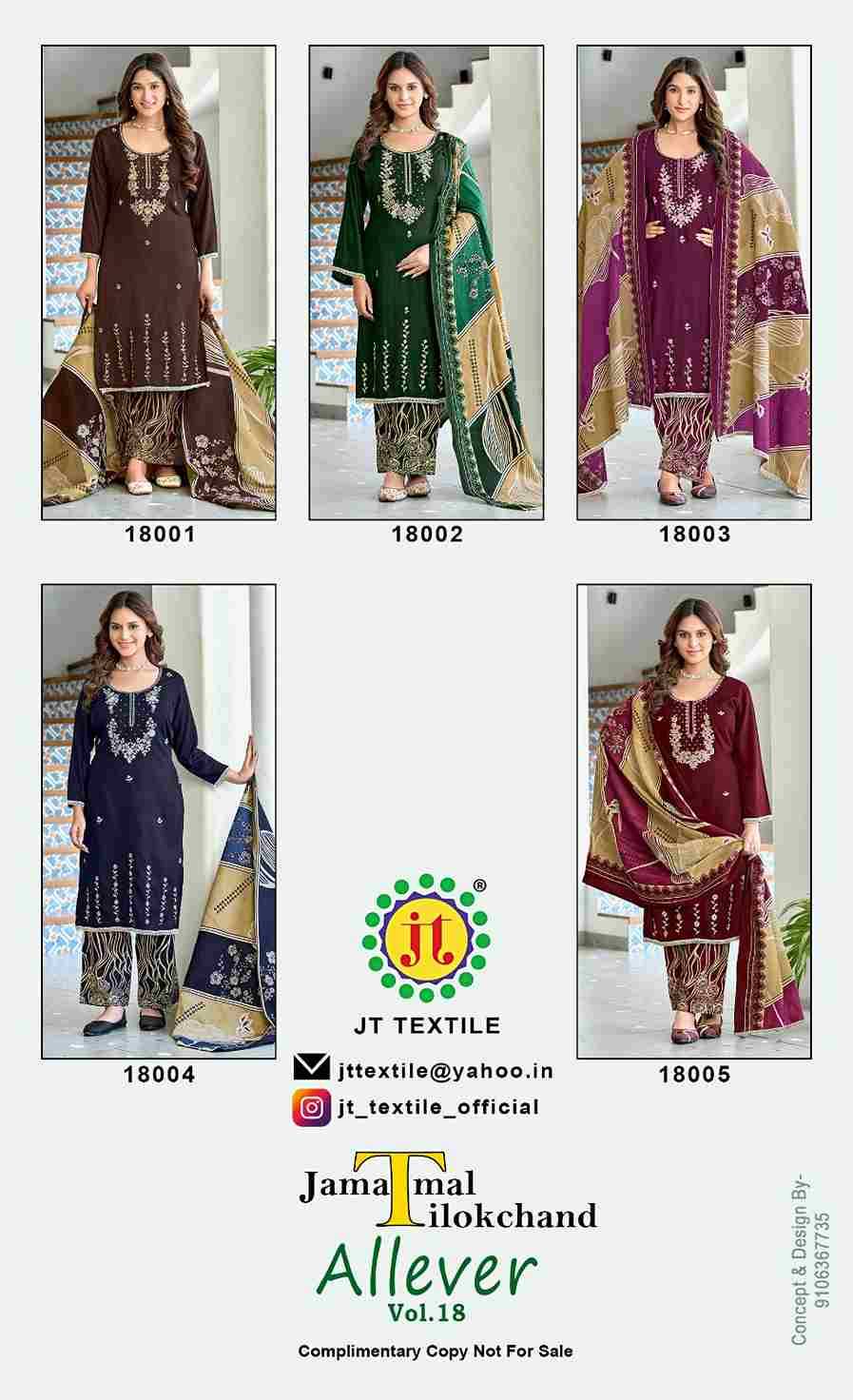 Allever Vol-18 By JT 18001 To 18005 Series Beautiful Festive Suits Colorful Stylish Fancy Casual Wear & Ethnic Wear Rayon Dresses At Wholesale Price