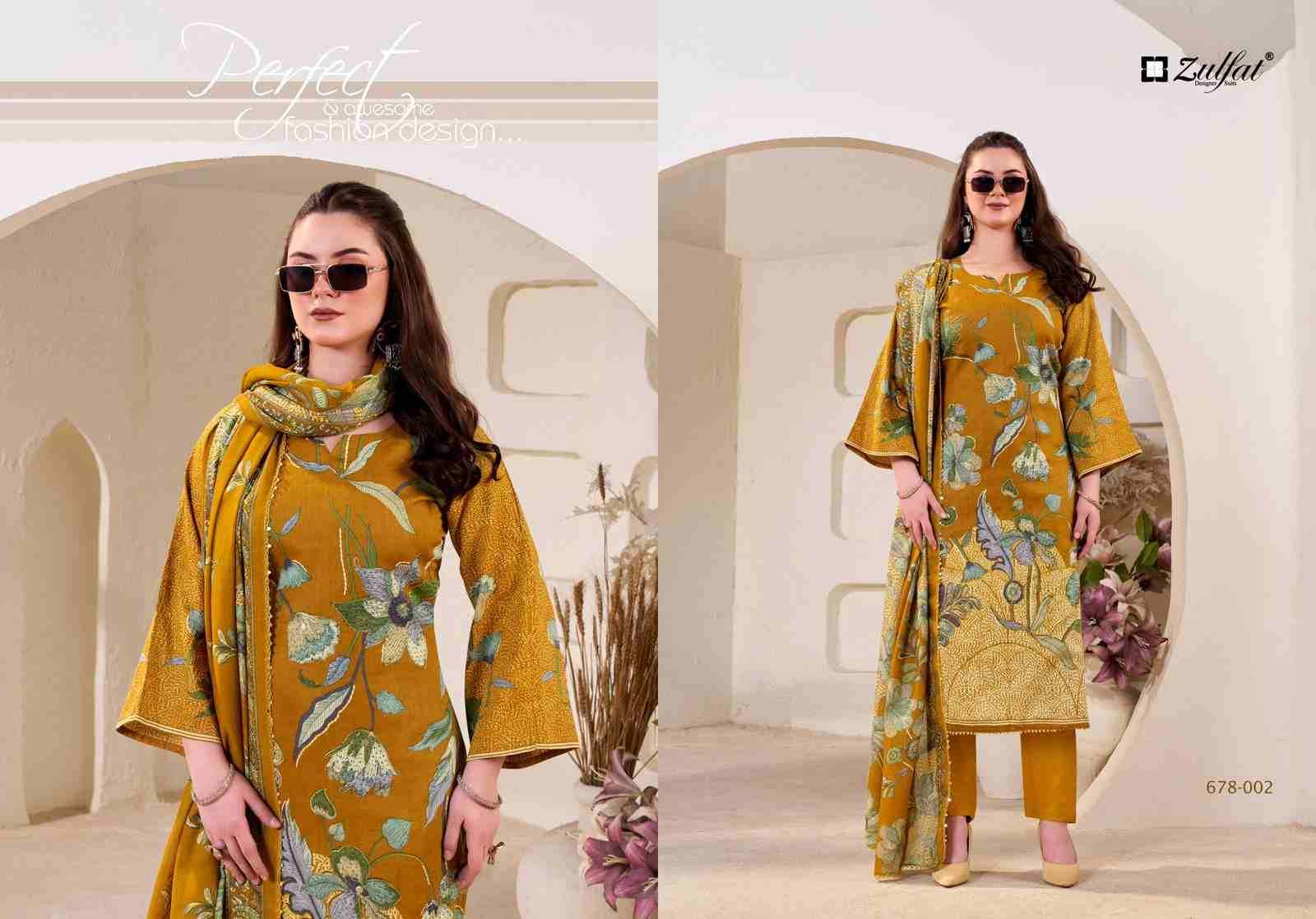 Nasreen By Zulfat 678-001 To 678-004 Series Beautiful Festive Suits Colorful Stylish Fancy Casual Wear & Ethnic Wear Pure Jam Cotton Satin With Embroidered Dresses At Wholesale Price