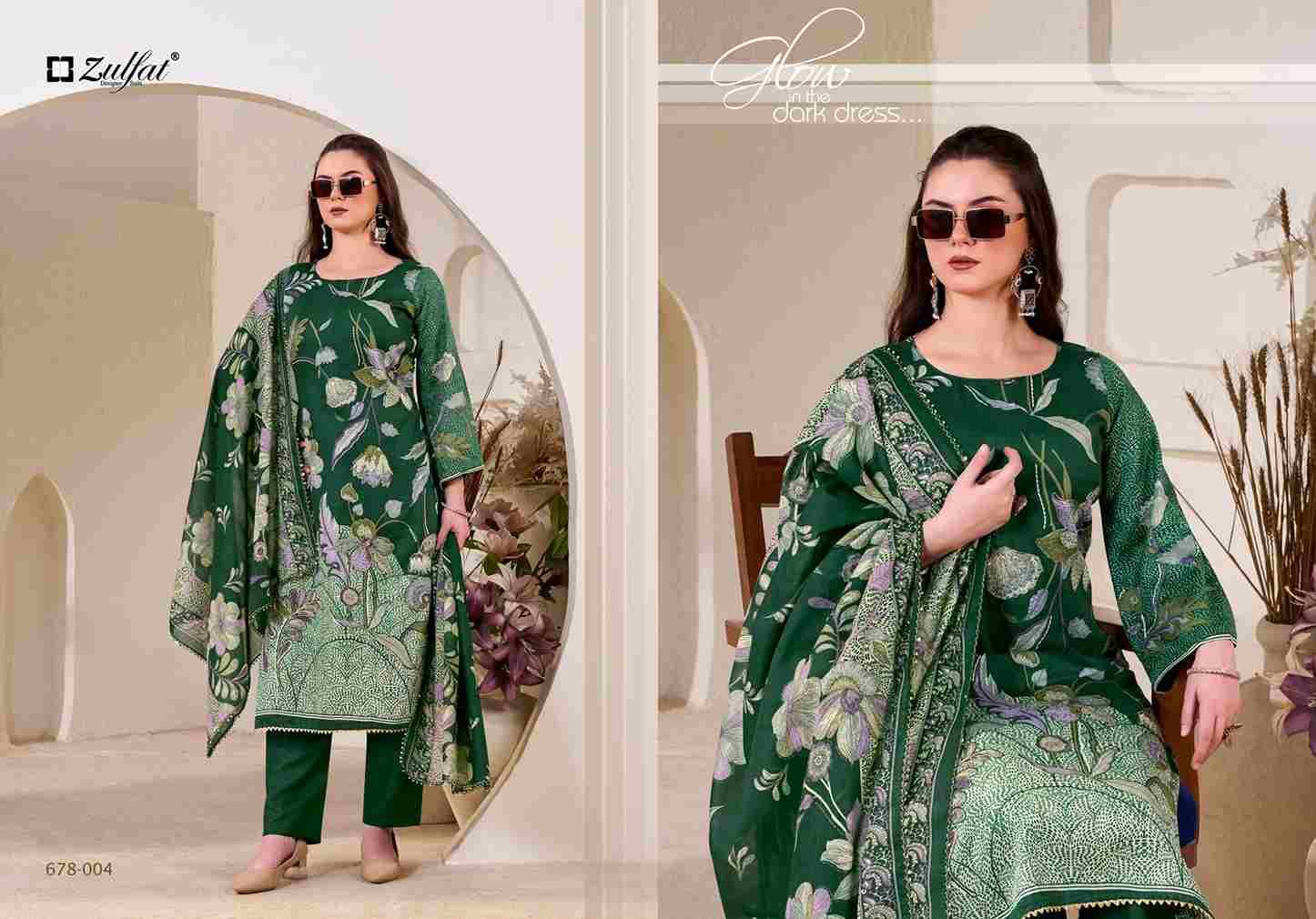 Nasreen By Zulfat 678-001 To 678-004 Series Beautiful Festive Suits Colorful Stylish Fancy Casual Wear & Ethnic Wear Pure Jam Cotton Satin With Embroidered Dresses At Wholesale Price
