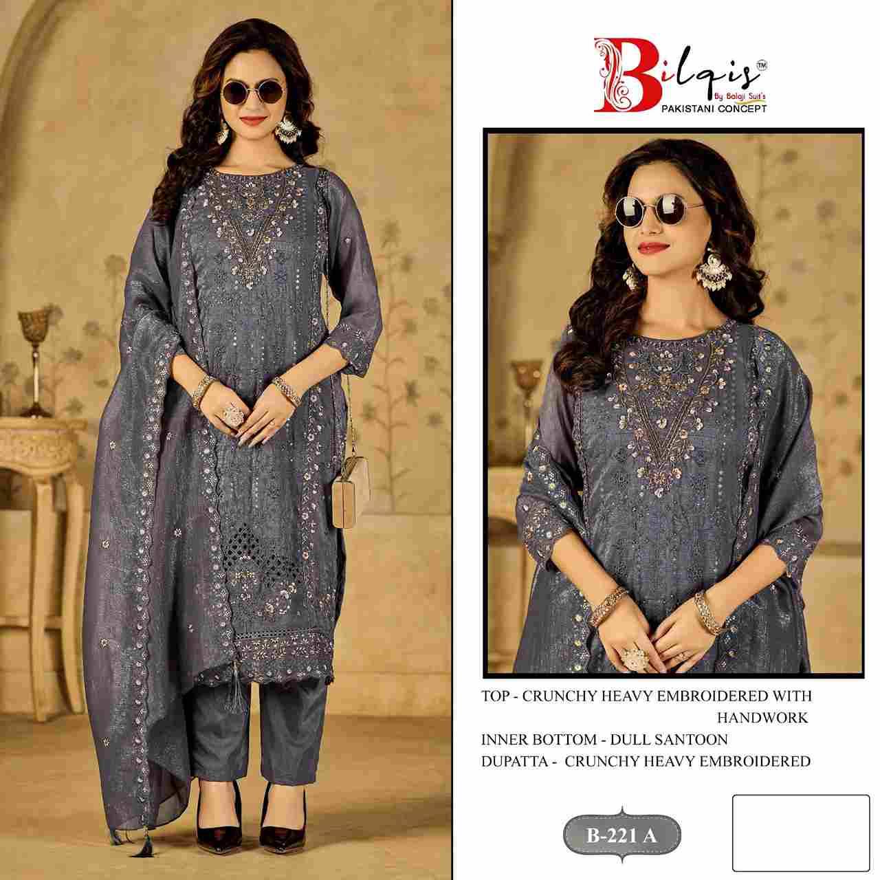 Bilqis 221 Colours By Bilqis 221-A To 221-D Series Beautiful Pakistani Suits Stylish Fancy Colorful Party Wear & Occasional Wear Crunchy Embroidery Dresses At Wholesale Price
