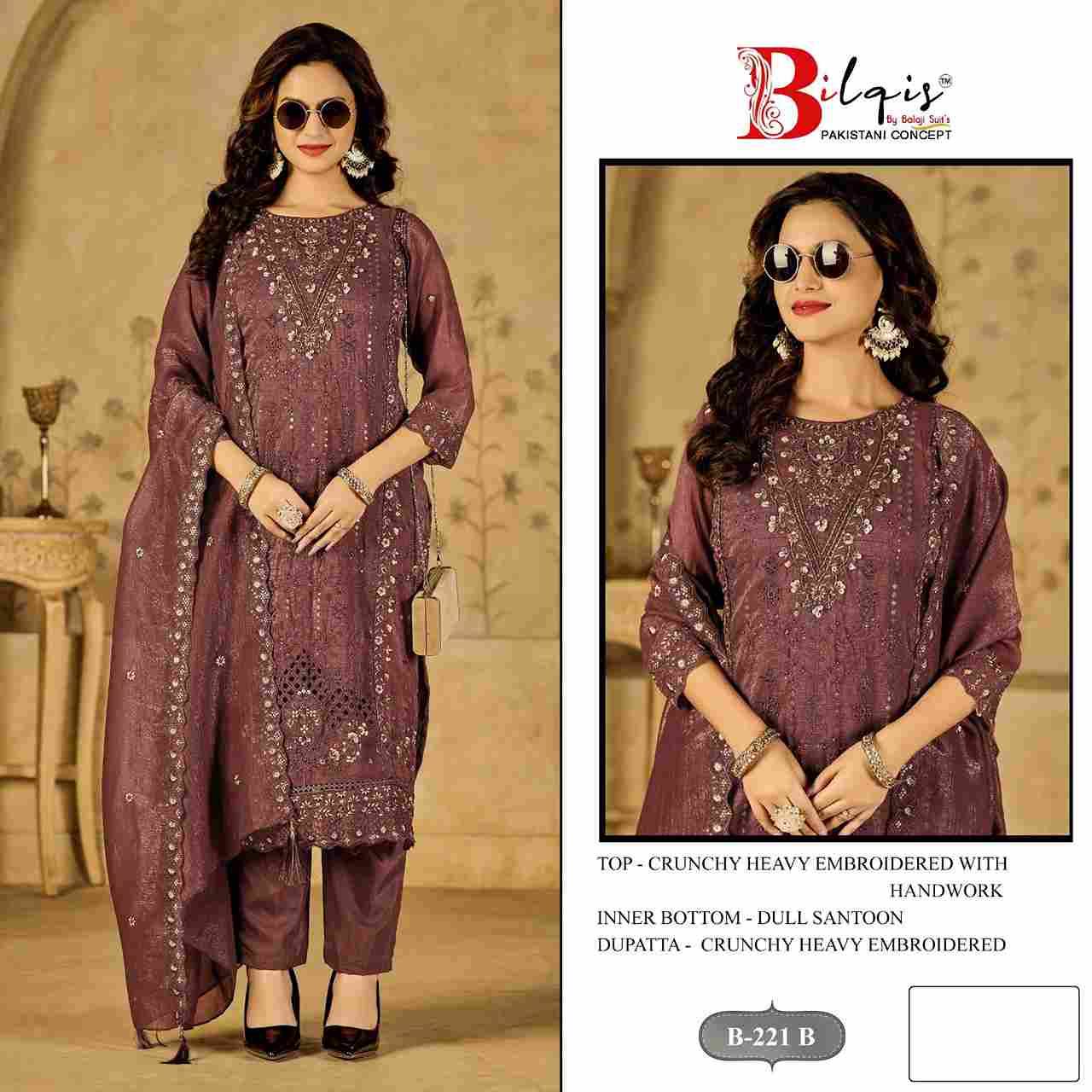 Bilqis 221 Colours By Bilqis 221-A To 221-D Series Beautiful Pakistani Suits Stylish Fancy Colorful Party Wear & Occasional Wear Crunchy Embroidery Dresses At Wholesale Price