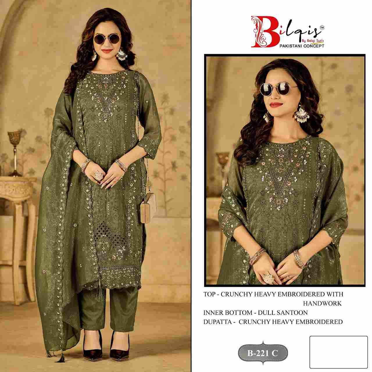 Bilqis 221 Colours By Bilqis 221-A To 221-D Series Beautiful Pakistani Suits Stylish Fancy Colorful Party Wear & Occasional Wear Crunchy Embroidery Dresses At Wholesale Price