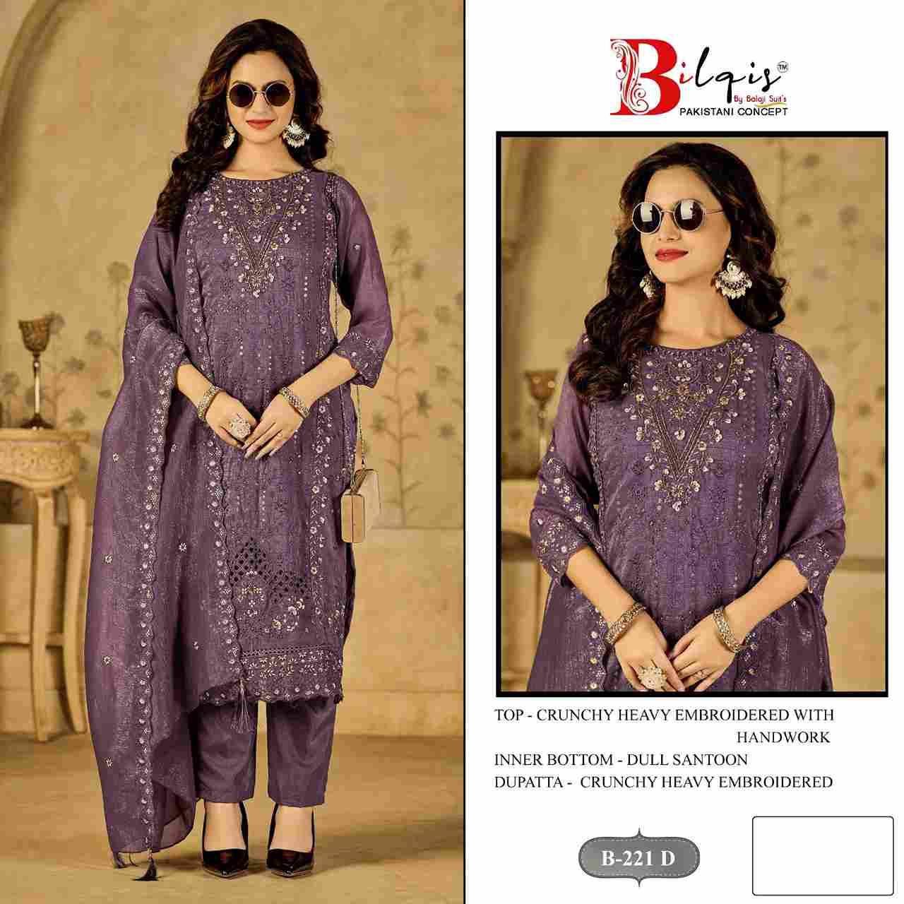 Bilqis 221 Colours By Bilqis 221-A To 221-D Series Beautiful Pakistani Suits Stylish Fancy Colorful Party Wear & Occasional Wear Crunchy Embroidery Dresses At Wholesale Price
