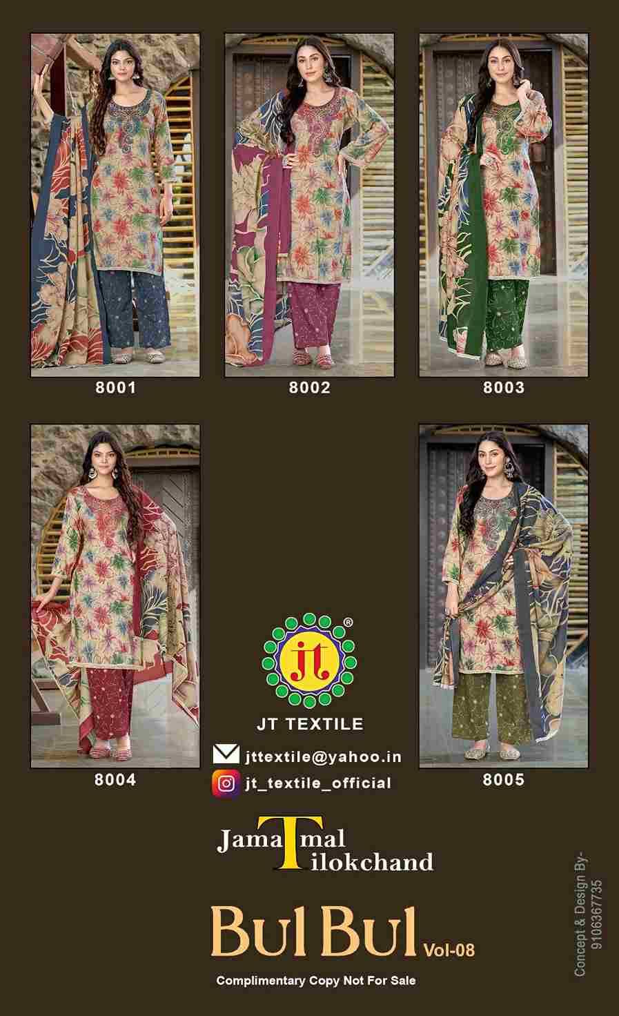 Bulbul Vol-8 By JT 8001 To 8005 Series Beautiful Festive Suits Colorful Stylish Fancy Casual Wear & Ethnic Wear Rayon Dresses At Wholesale Price