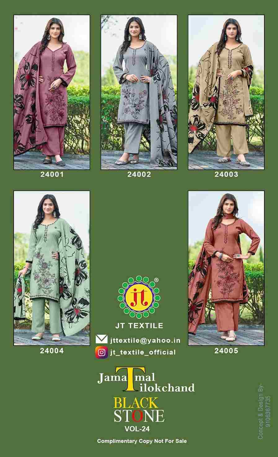 Black Stone Vol-24 By JT 24001 To 24005 Series Beautiful Festive Suits Colorful Stylish Fancy Casual Wear & Ethnic Wear Rayon Dresses At Wholesale Price