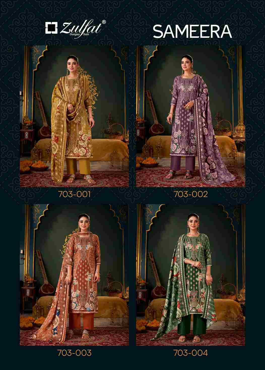 Sameera By Zulfat 703-001 To 703-004 Series Beautiful Festive Suits Colorful Stylish Fancy Casual Wear & Ethnic Wear Pure Pashmina With Embroidered Dresses At Wholesale Price