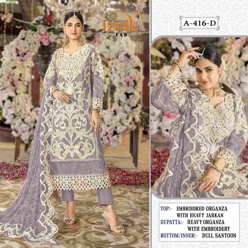 Iznik 416 Colours By Iznik Fab 416-A To 416-D Series Designer Pakistani Suits Beautiful Stylish Fancy Colorful Party Wear & Occasional Wear Organza With Embroidery Dresses At Wholesale Price