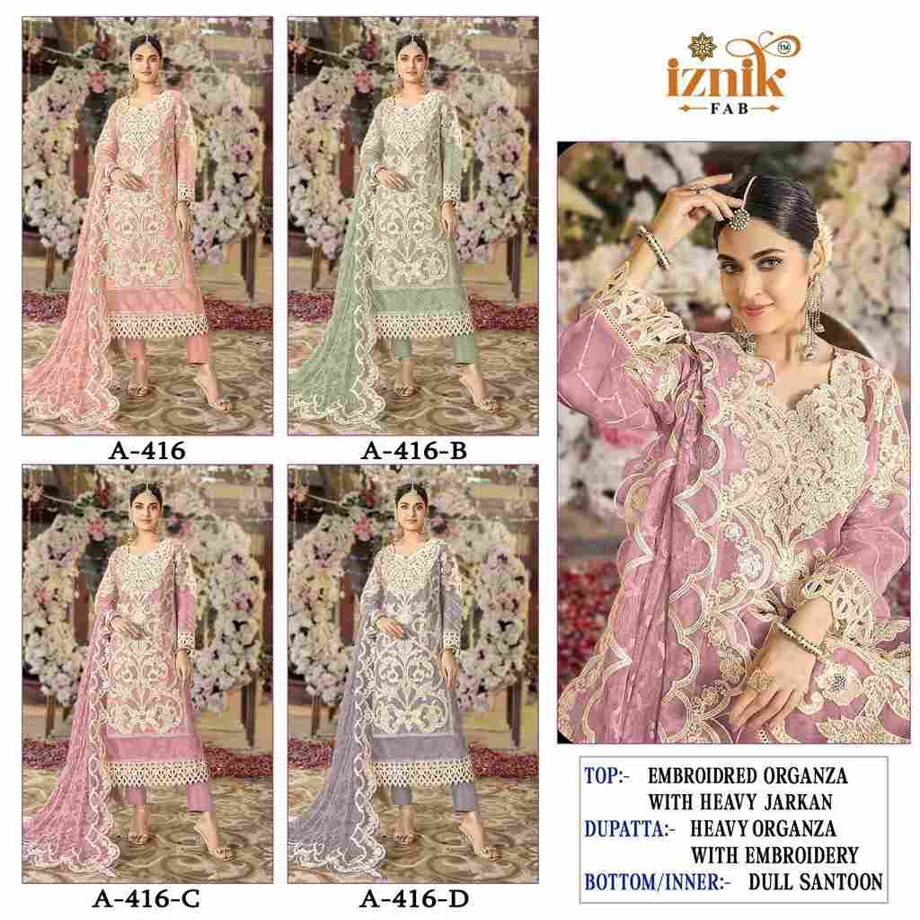 Iznik 416 Colours By Iznik Fab 416-A To 416-D Series Designer Pakistani Suits Beautiful Stylish Fancy Colorful Party Wear & Occasional Wear Organza With Embroidery Dresses At Wholesale Price