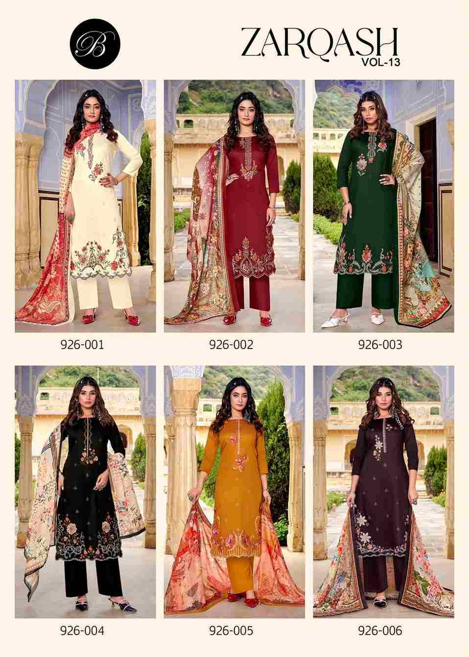 Zarqash Vol-13 By Belliza 926-001 To 926-006 Series Beautiful Festive Suits Stylish Fancy Colorful Casual Wear & Ethnic Wear Pure Jam Dresses At Wholesale Price