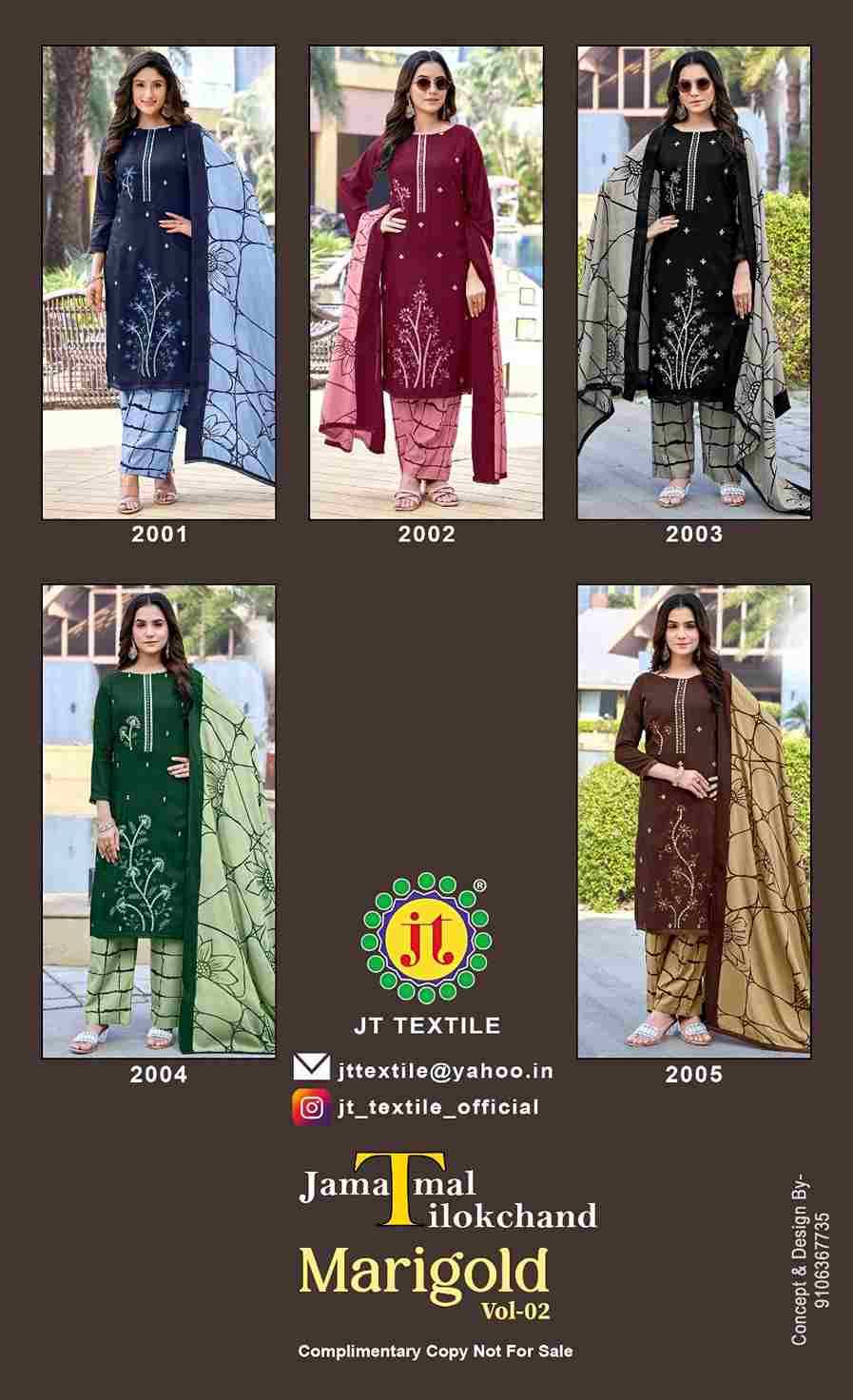Marigold Vol-2 By JT 2001 To 2005 Series Beautiful Festive Suits Colorful Stylish Fancy Casual Wear & Ethnic Wear Rayon Dresses At Wholesale Price
