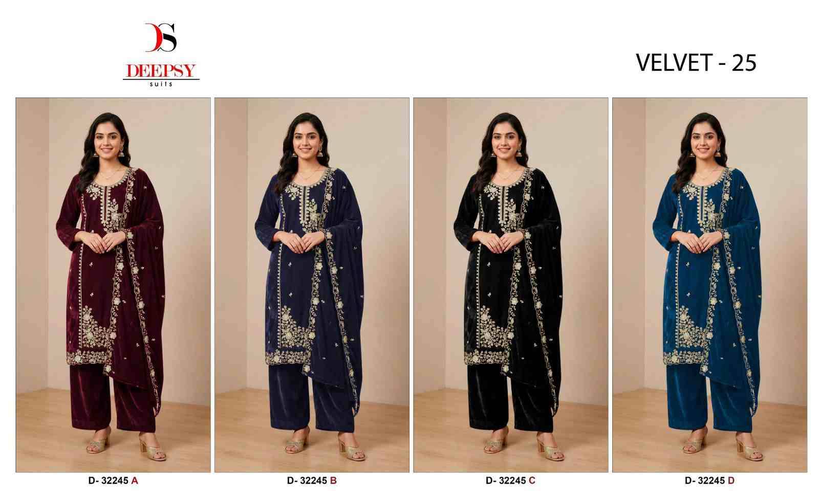 Velvet 32245 Colours By Deepsy Suits 32245-A To 32245-D Series Beautiful Stylish Pakistani Suits Fancy Colorful Casual Wear & Ethnic Wear & Ready To Wear Heavy Velvet Embroidery Dresses At Wholesale Price