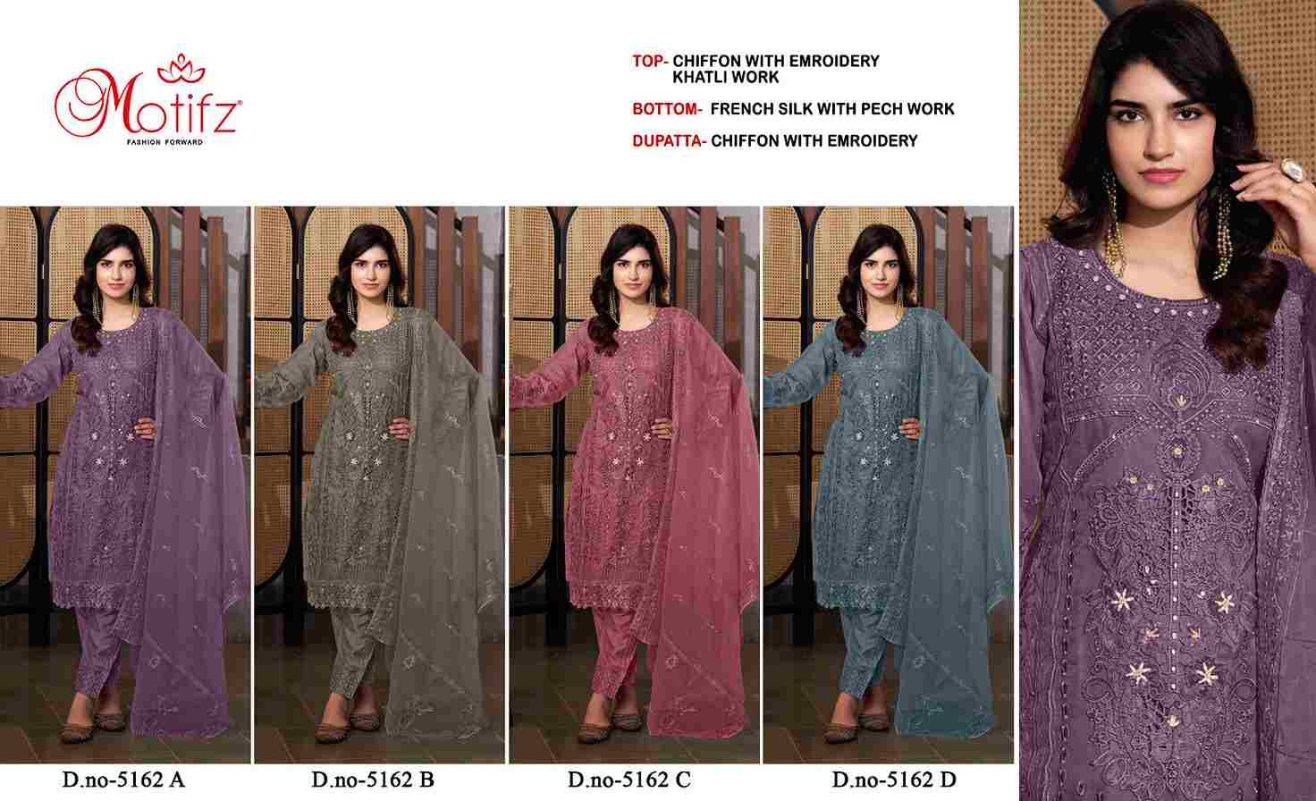 Motifz Hit Design 5162 Colours By Motifz 5162-A To 5162-D Series Beautiful Pakistani Suits Colorful Stylish Fancy Casual Wear & Ethnic Wear Chiffon Dresses At Wholesale Price