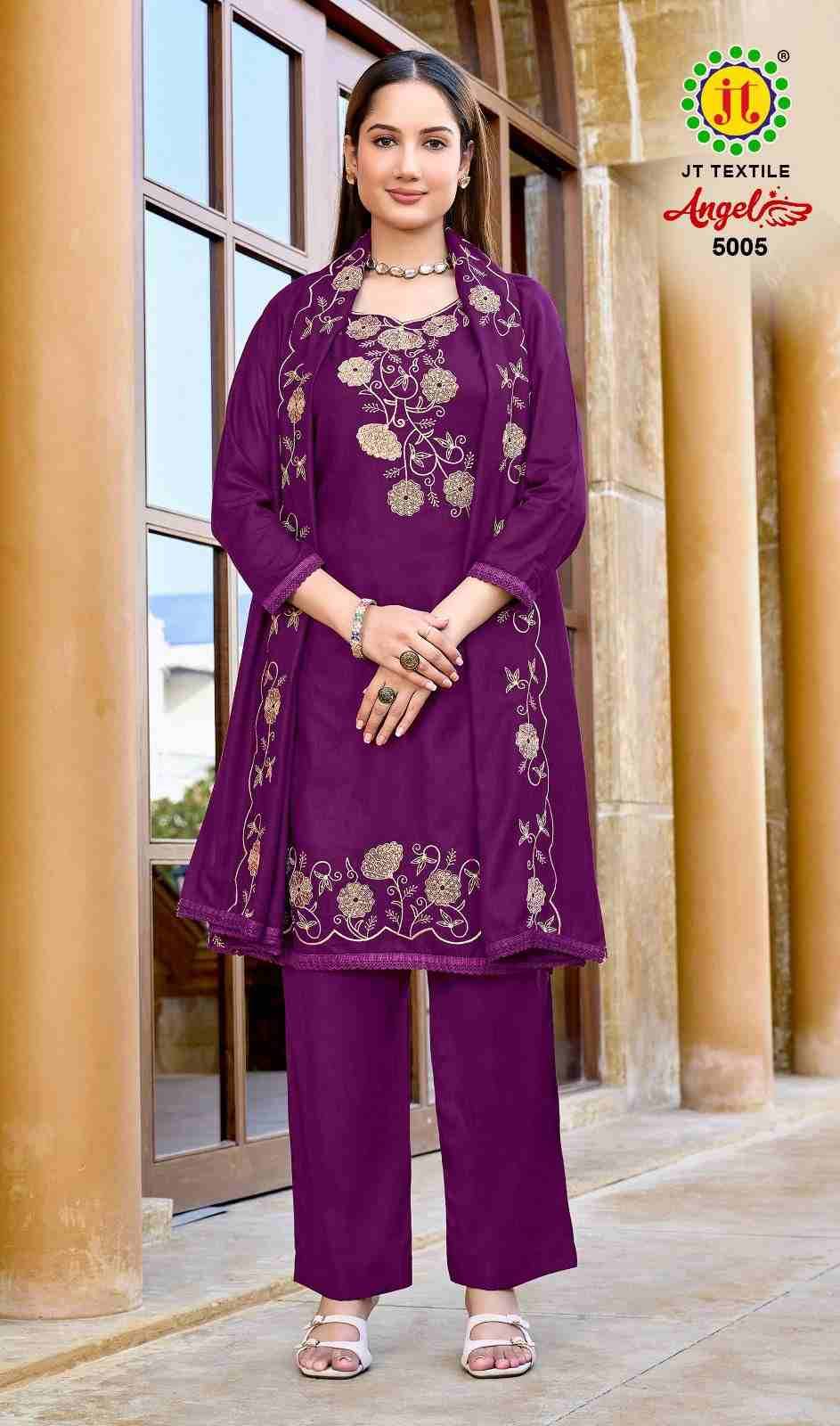 Angel Vol-5 By JT 5001 To 5005 Series Beautiful Festive Suits Colorful Stylish Fancy Casual Wear & Ethnic Wear Rayon Dresses At Wholesale Price