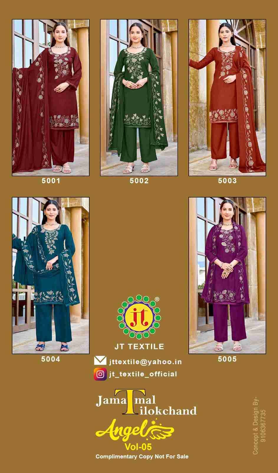 Angel Vol-5 By JT 5001 To 5005 Series Beautiful Festive Suits Colorful Stylish Fancy Casual Wear & Ethnic Wear Rayon Dresses At Wholesale Price